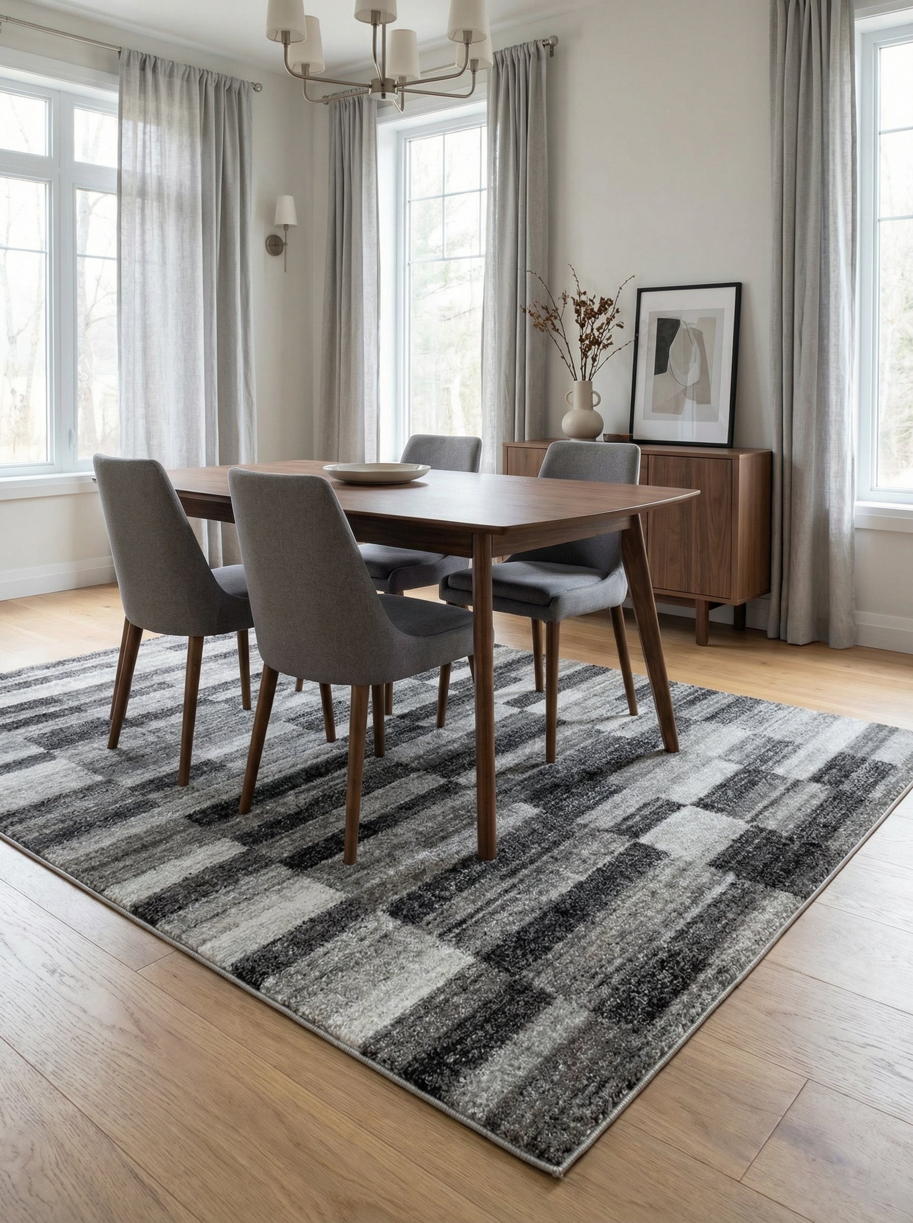 Tapis rectangulaire aux motifs abstraits gris, anthracite et blancs, avec une texture shaggy, posé sur un parquet dans une salle à manger moderne