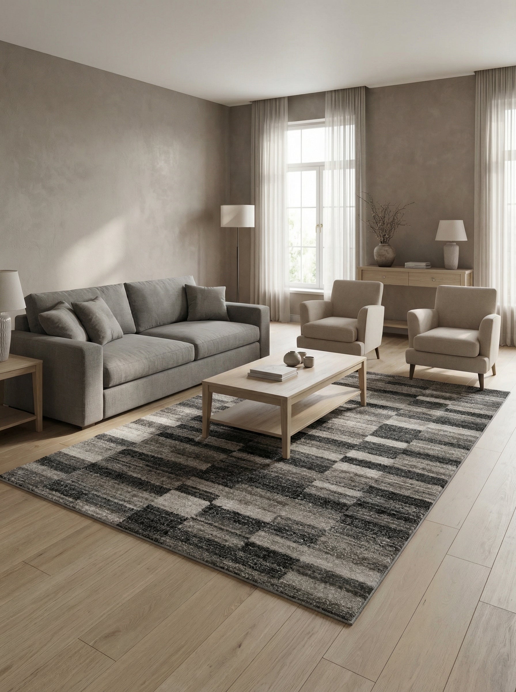 Tapis rectangulaire texturé aux motifs géométriques à bandes déstructurées gris, noirs et blancs, dans un salon lumineux