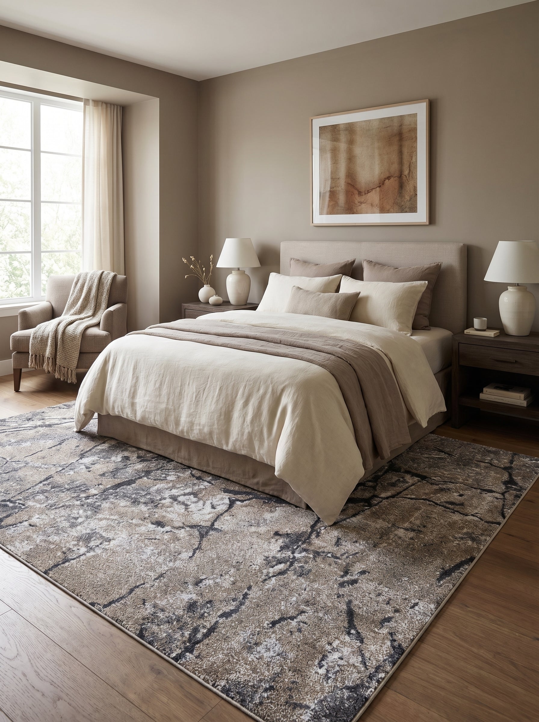 Tapis rectangulaire aux teintes de beige, gris et marron foncé, motifs abstraits et texture variée, dans une chambre élégante