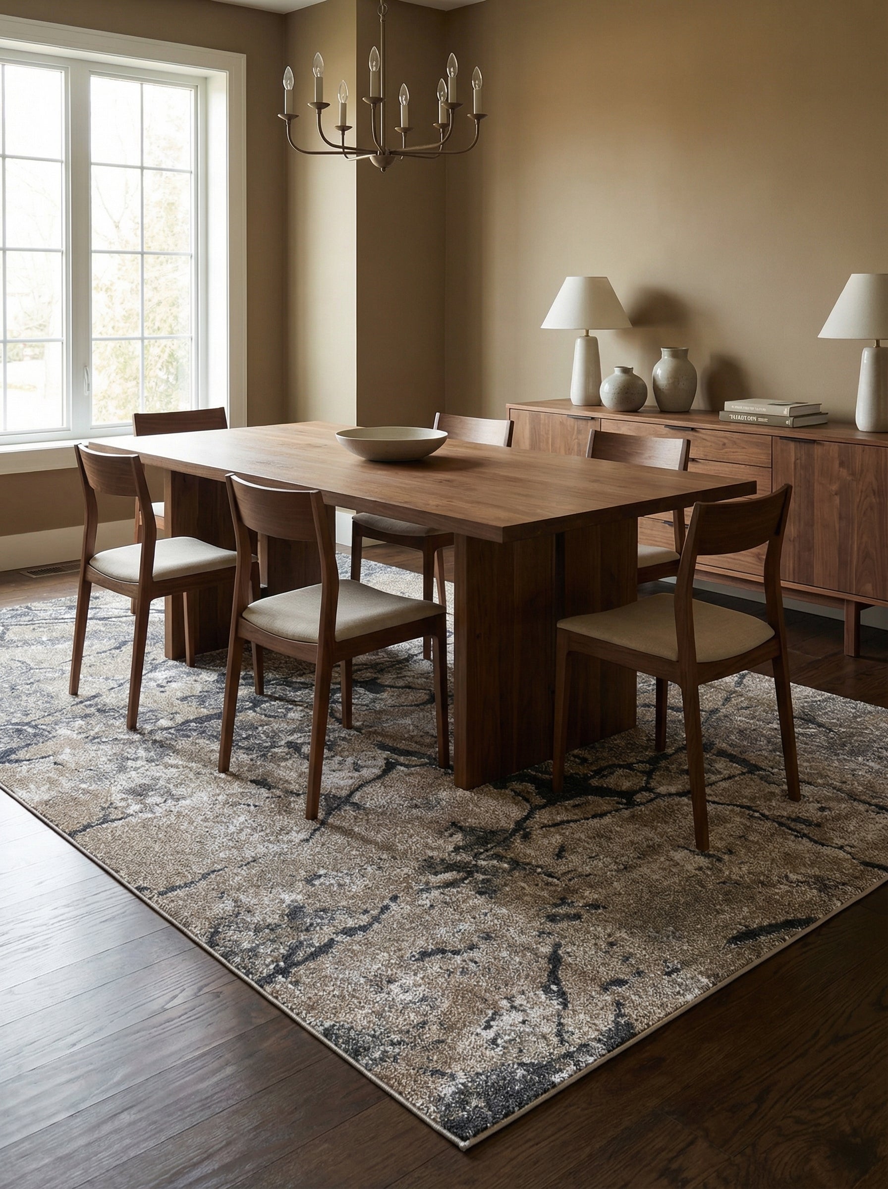 Tapis rectangulaire texturé aux motifs abstraits beiges, blanc cassé et gris charbon, dans une salle à manger