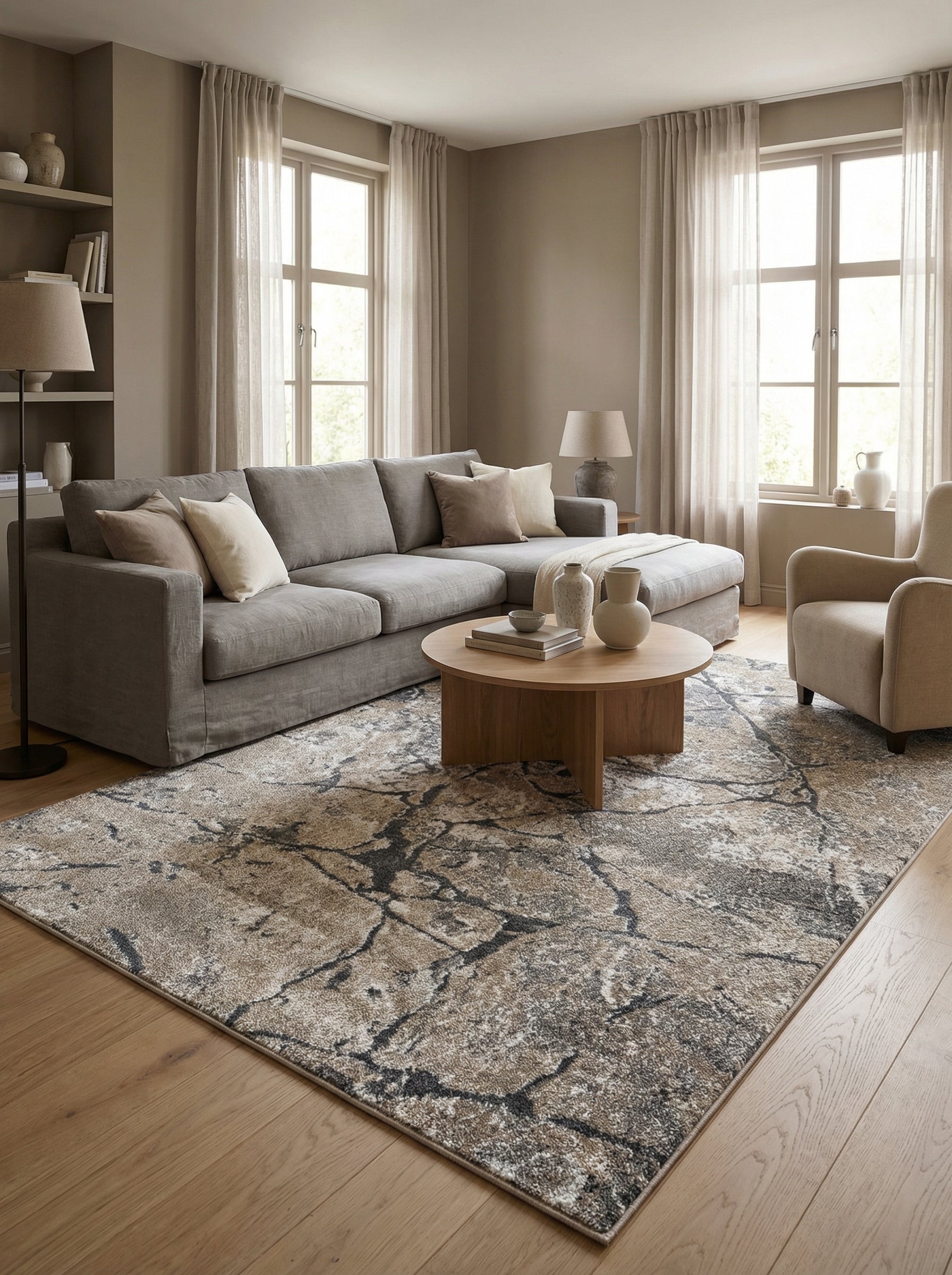 Grand tapis rectangulaire aux motifs abstraits beige, crème et gris foncé évoquant des craquelures de pierre, posé dans un salon lumineux