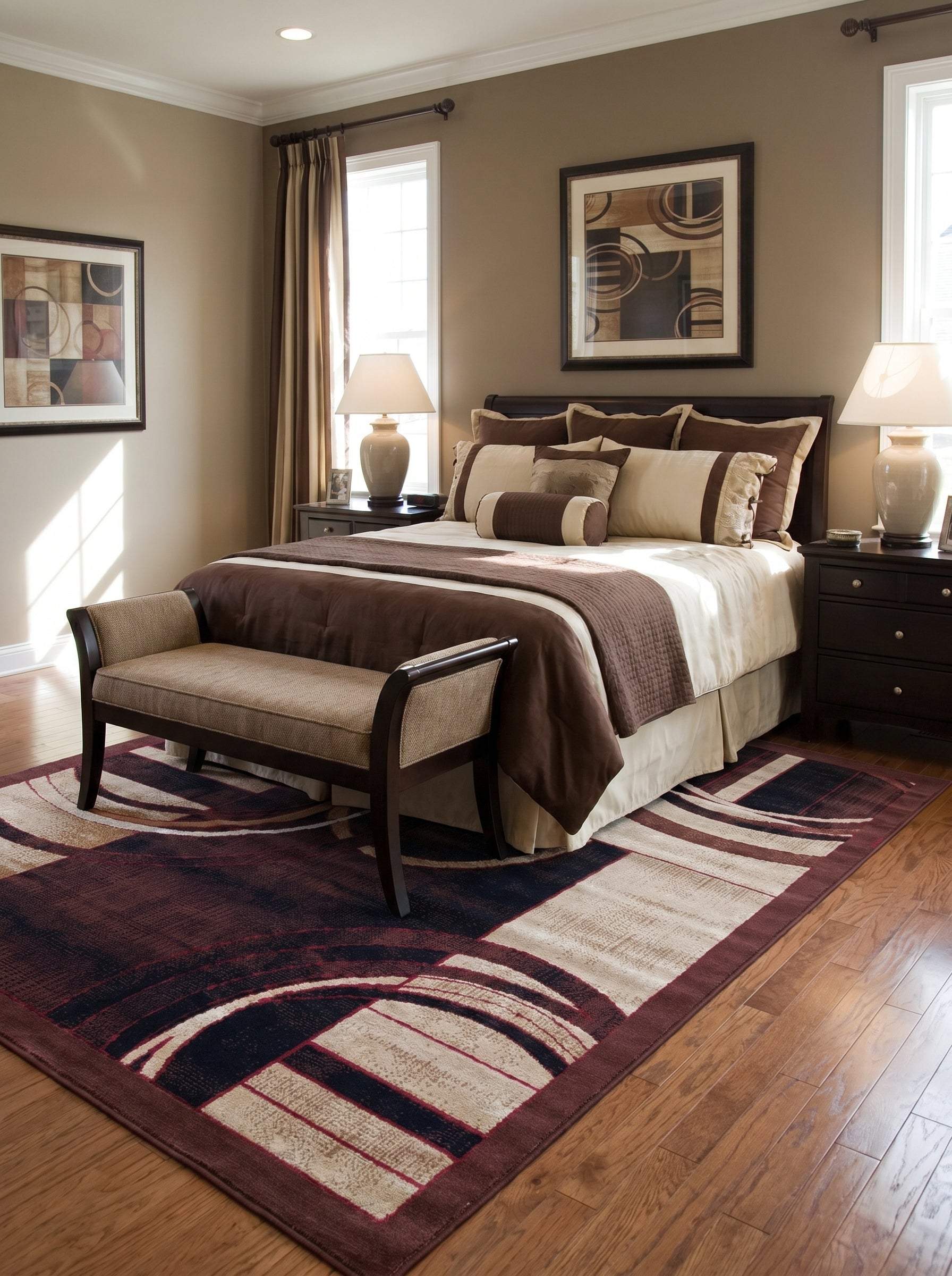 Tapis rectangulaire à motifs courbes et géométriques bordeaux, beige et noir, posé sur le parquet d'une chambre