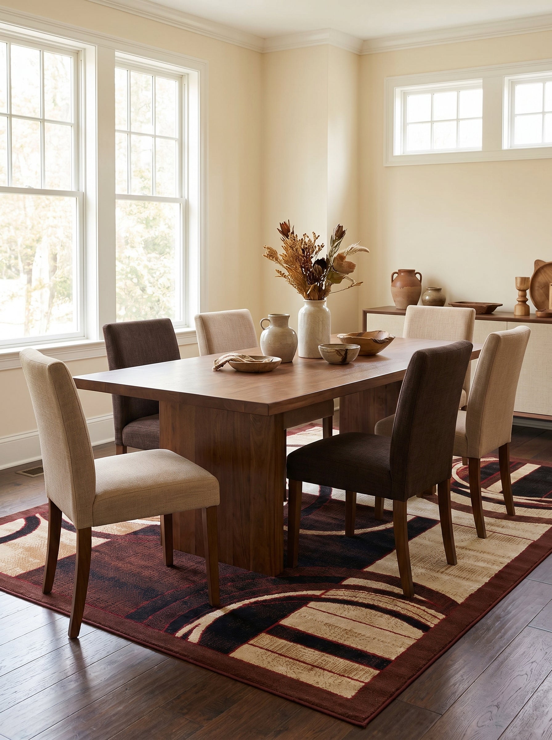 Tapis rectangulaire aux motifs abstraits marron, beige et noir avec des touches de rouge foncé, dans une salle à manger
