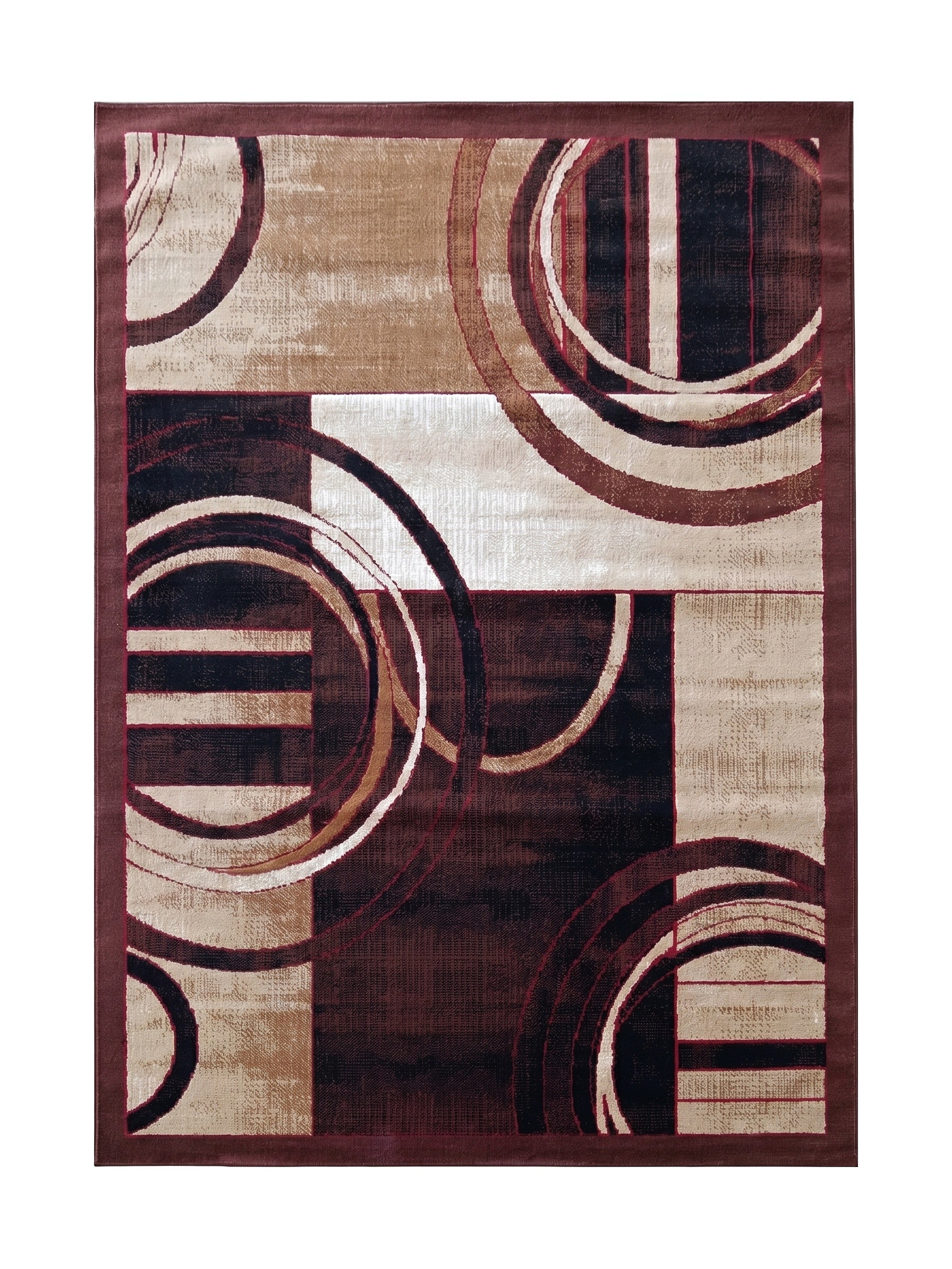 Tapis abstrait avec cercles et blocs géométriques en marron, beige, noir, rouge foncé et bordure unie