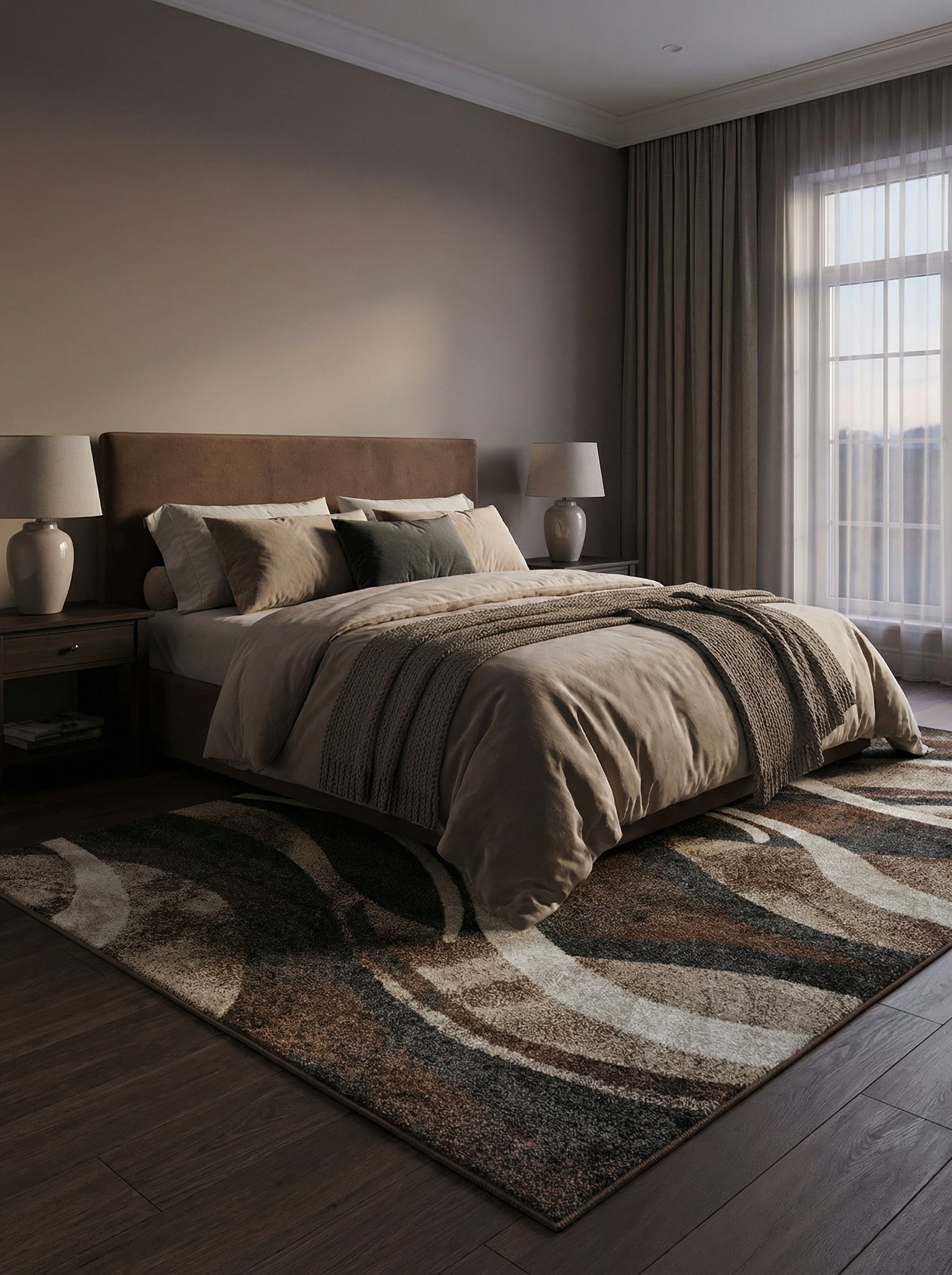Tapis rectangulaire moelleux à motifs abstraits en vagues marron, beige et gris foncé, sur le parquet d'une chambre chaleureuse