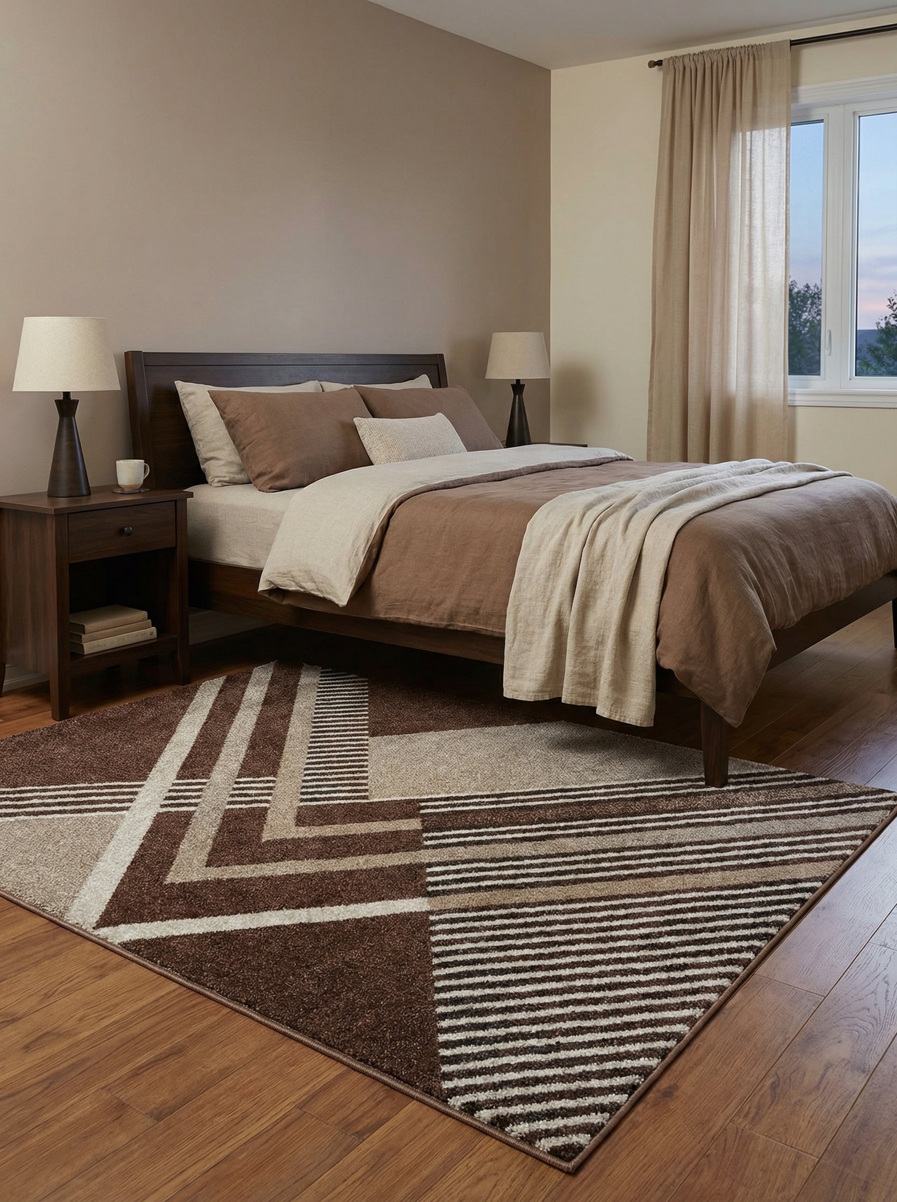 Tapis rectangulaire à motifs géométriques marron foncé, beige et crème, avec bandes et rayures, sur parquet d'une chambre