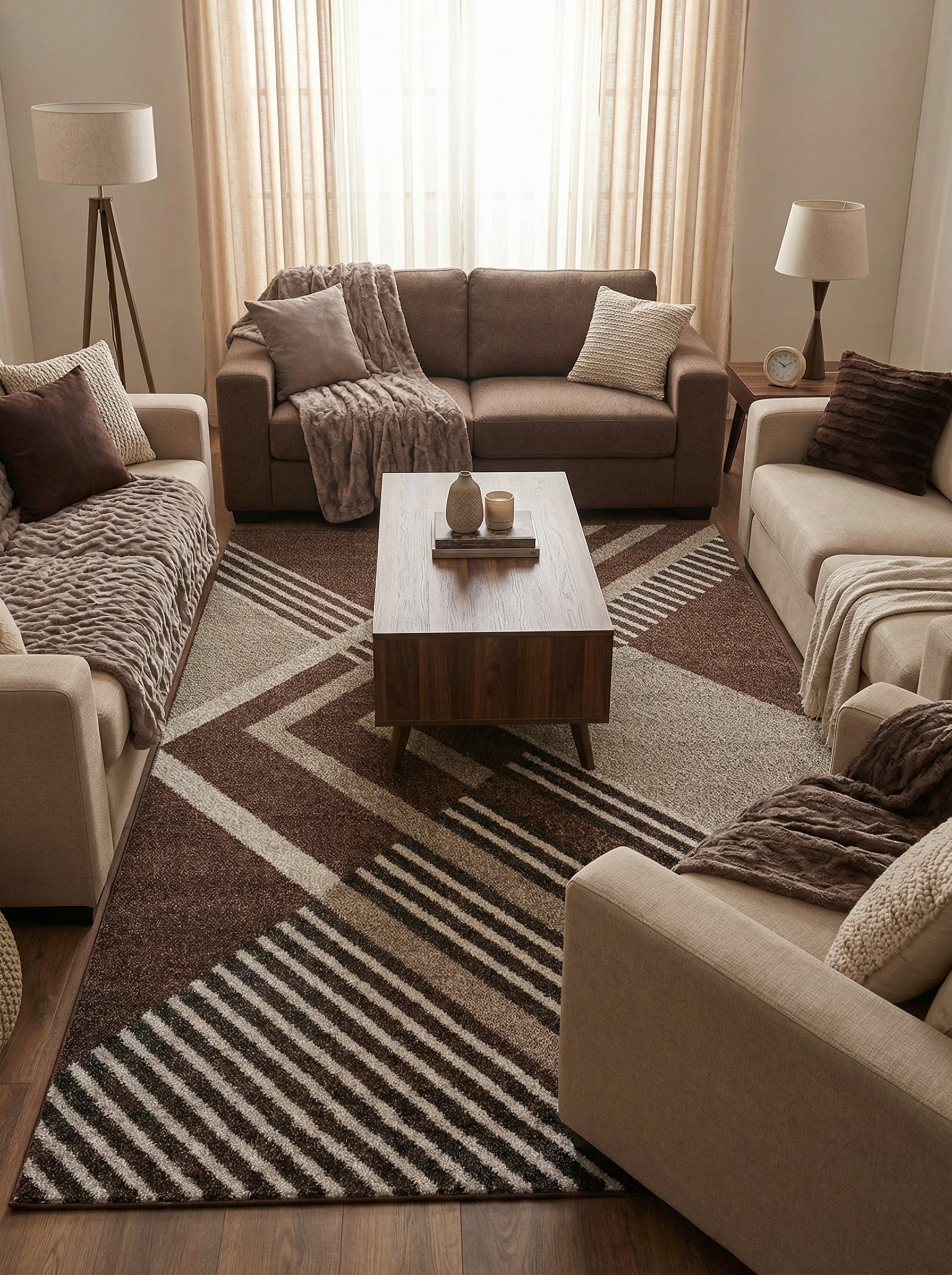 Tapis rectangulaire aux motifs géométriques de larges bandes diagonales marron foncé, beige et crème, posé dans un salon moderne