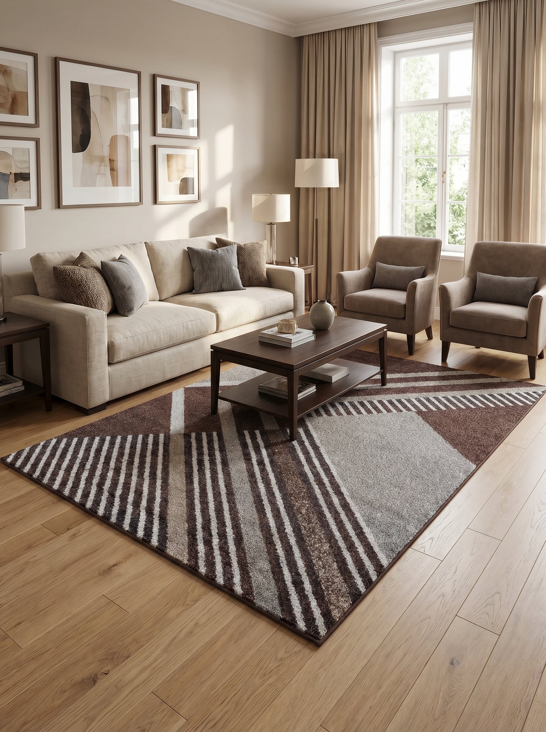 Tapis rectangulaire à poils mi-longs, motifs géométriques marron, beige et gris, alternant bandes et blocs, dans un salon lumineux