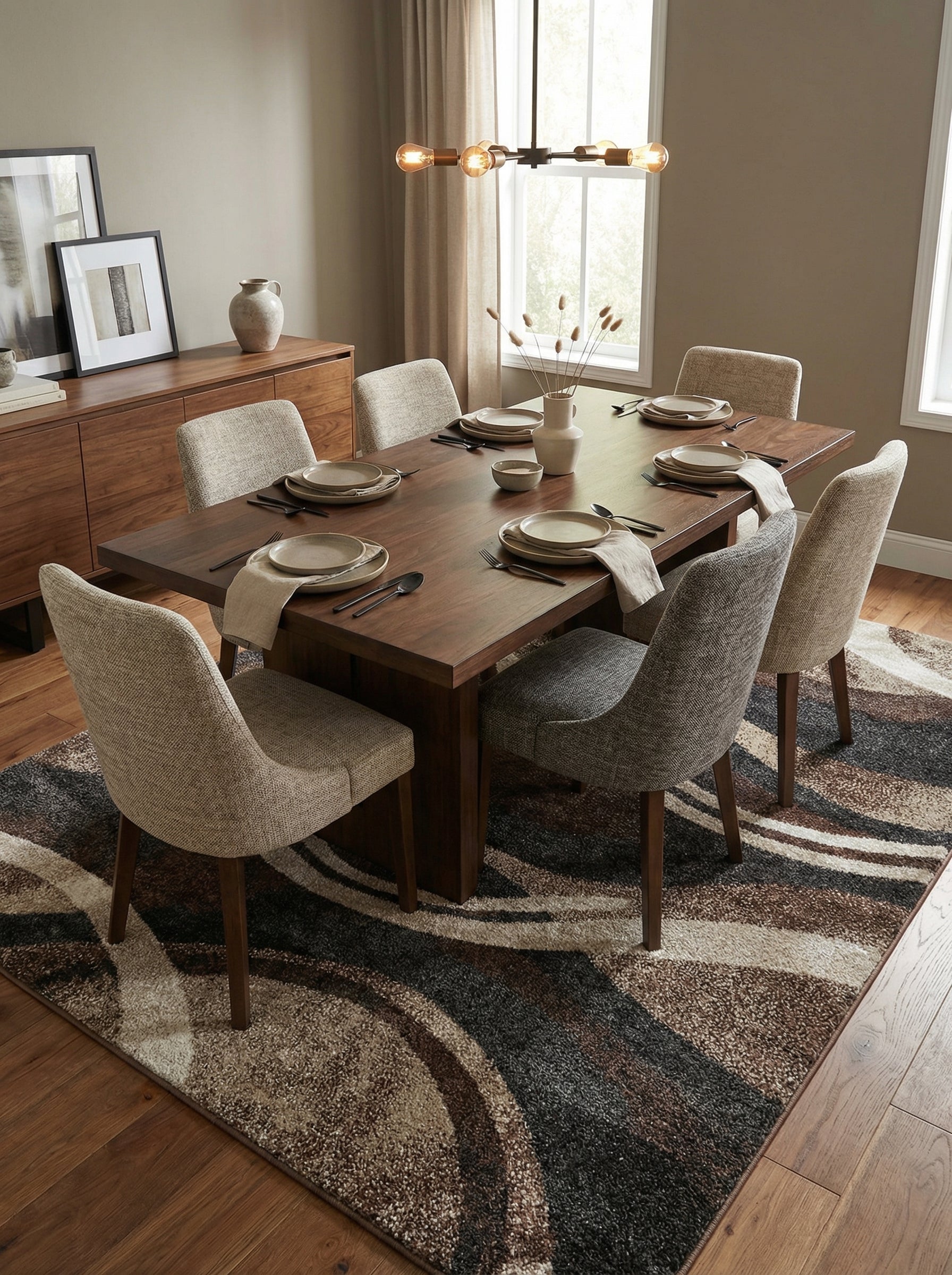 Tapis rectangulaire à motifs ondulés abstraits marron, beige, gris foncé et blanc cassé, à la texture moelleuse, dans une salle à manger
