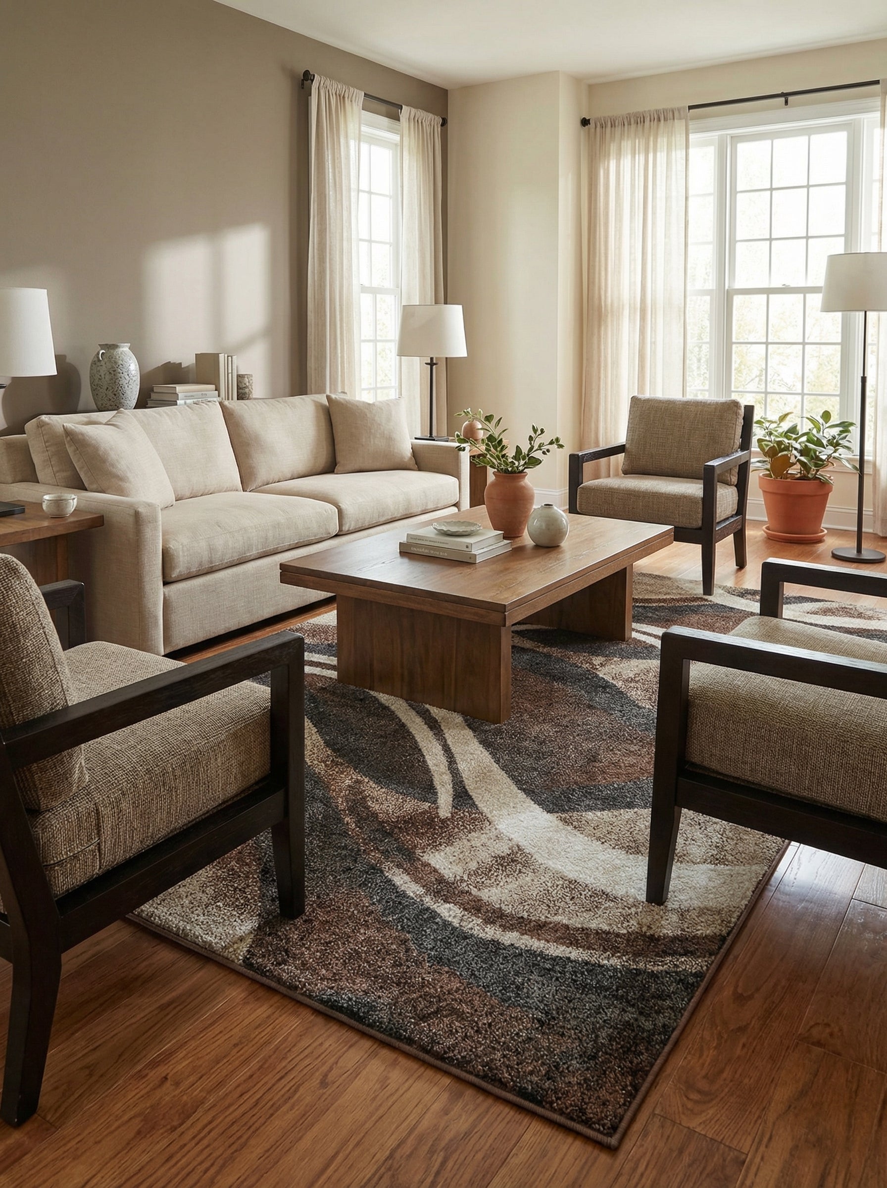 Tapis rectangulaire texturé aux motifs abstraits ondulants marron, beige et brun foncé dans un salon