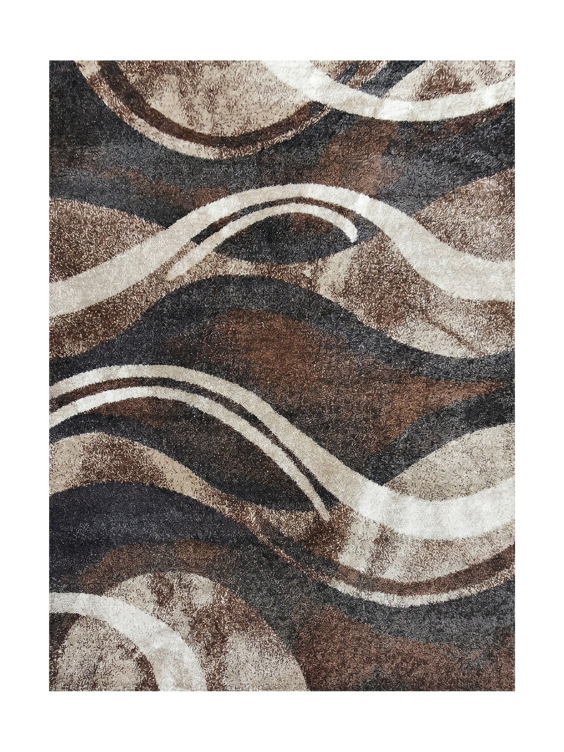 Tapis moelleux aux motifs abstraits et ondulés en nuances de marron, beige, blanc cassé et gris foncé