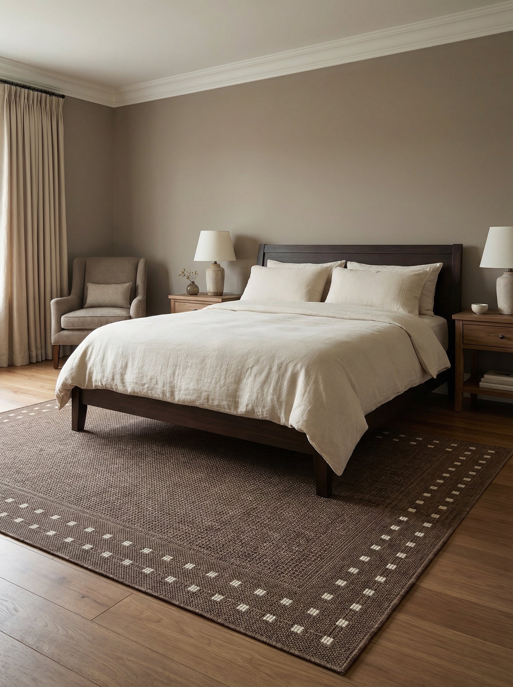 Tapis rectangulaire tissé marron foncé avec une bordure géométrique de carrés crème, dans une chambre aménagée
