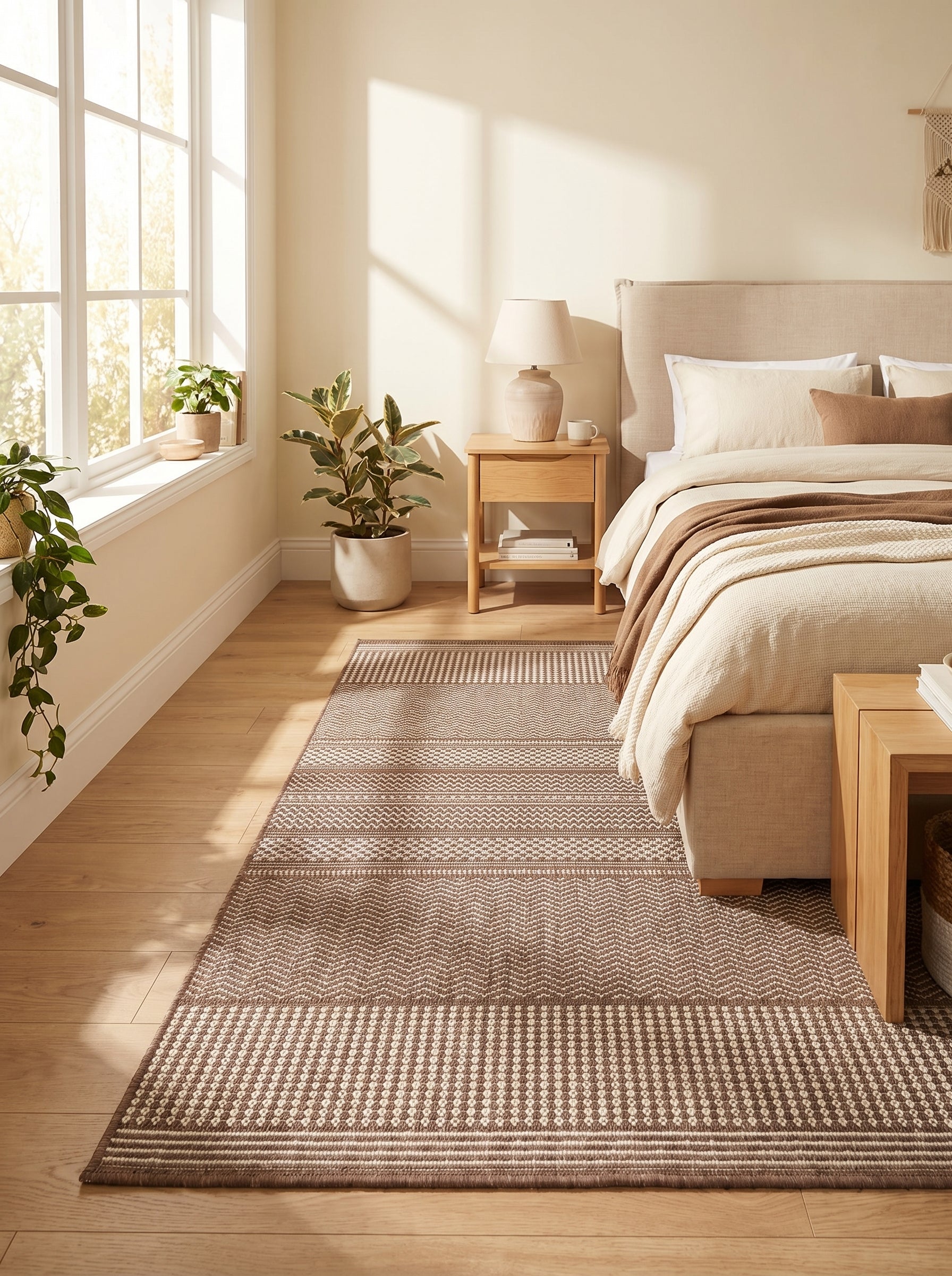 Grand tapis rectangulaire marron foncé aux motifs géométriques crème de chevrons et points, dans une chambre lumineuse