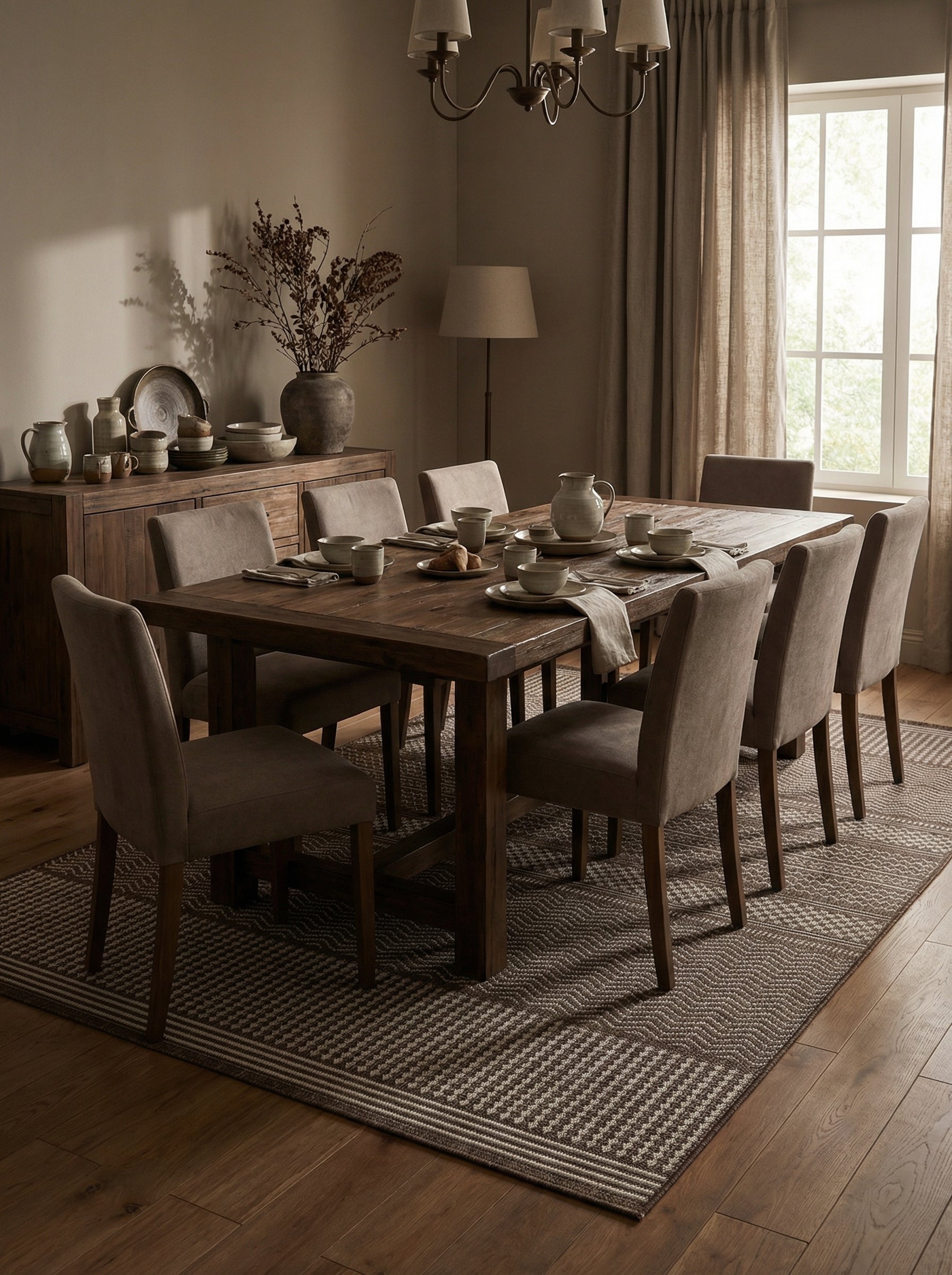 Tapis rectangulaire tissé marron et beige clair avec motifs géométriques chevrons et bandes, dans une salle à manger