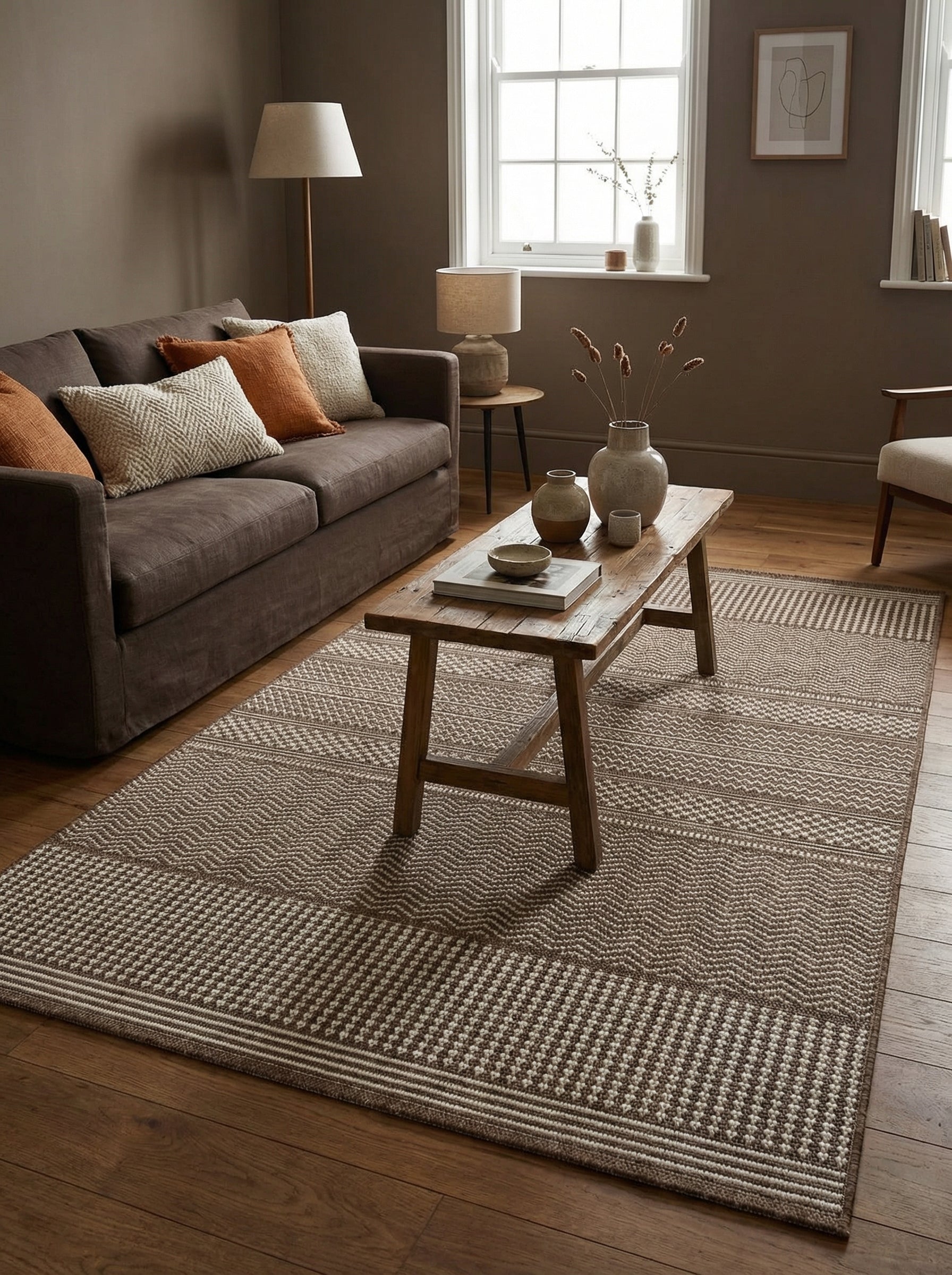 Tapis rectangulaire tissé marron et beige clair aux motifs géométriques en bandes de chevrons et pointillés, posé sur un parquet dans un salon moderne