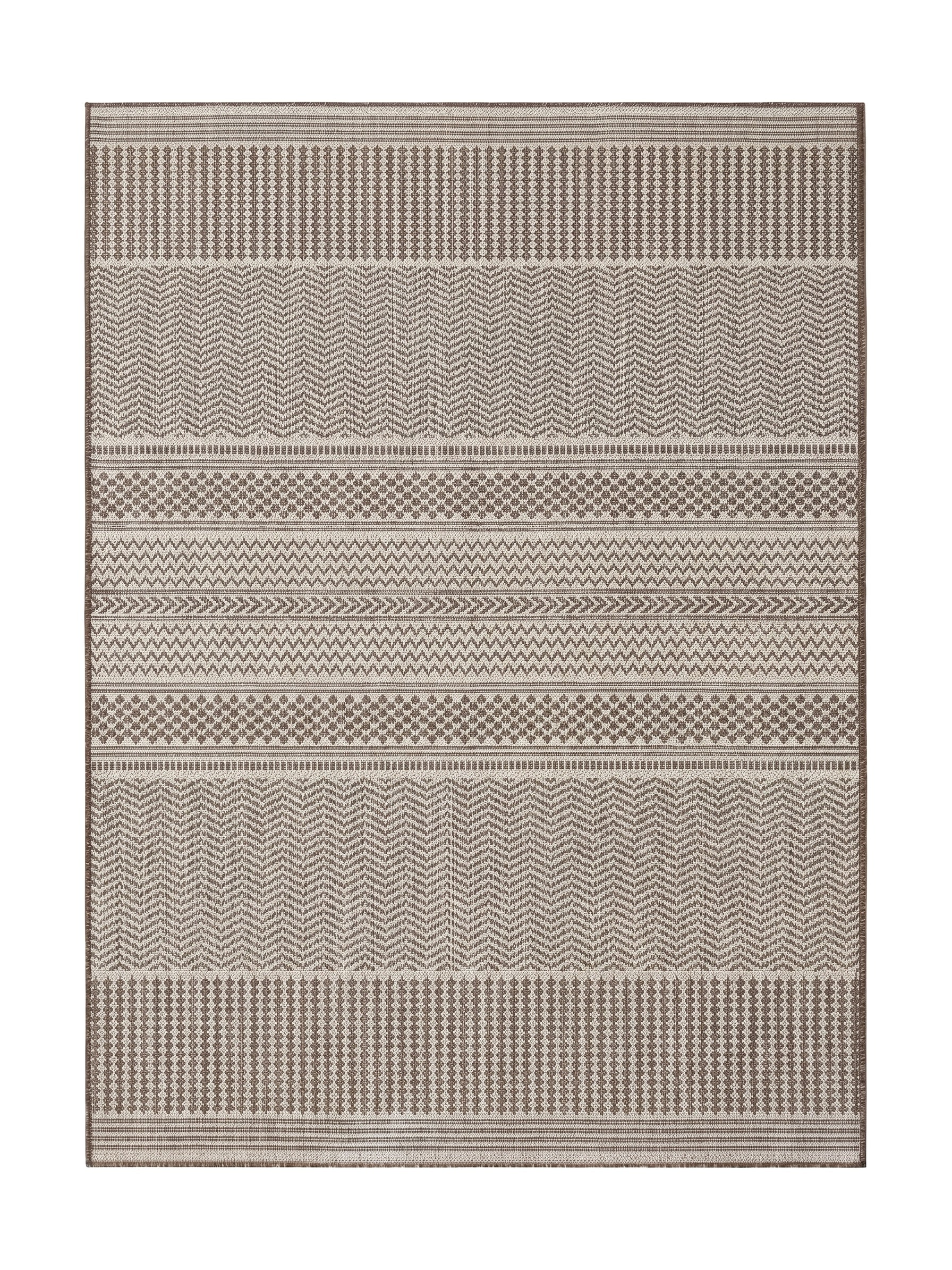 Tapis rectangulaire tissé beige et marron, orné de motifs géométriques variés en bandes horizontales