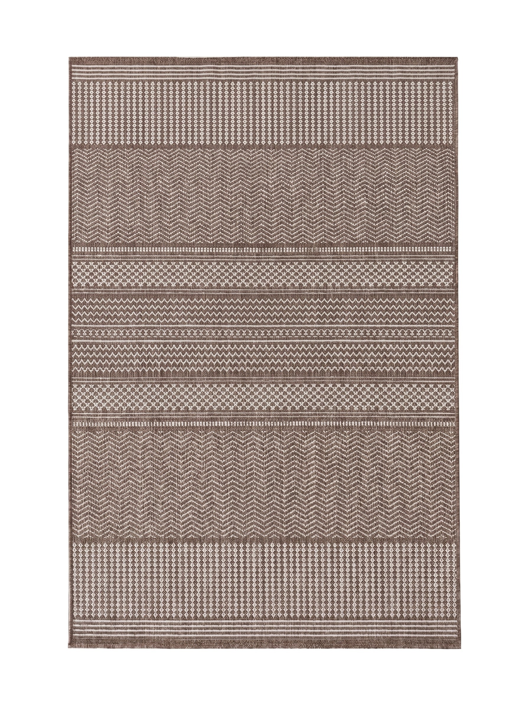 Tapis rectangulaire tissé, alternant des motifs géométriques de rayures, chevrons et carreaux, en brun et blanc cassé