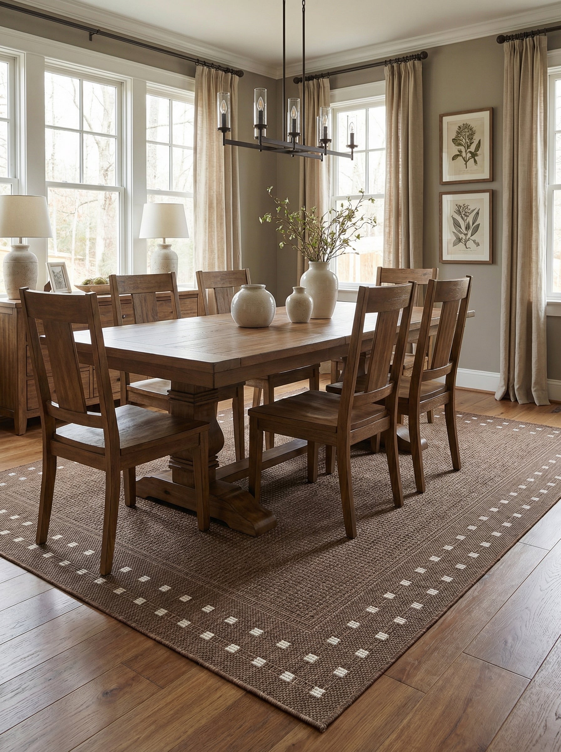Tapis rectangulaire marron clair texturé avec une bordure de petits carrés blancs, posé sur un parquet dans une salle à manger