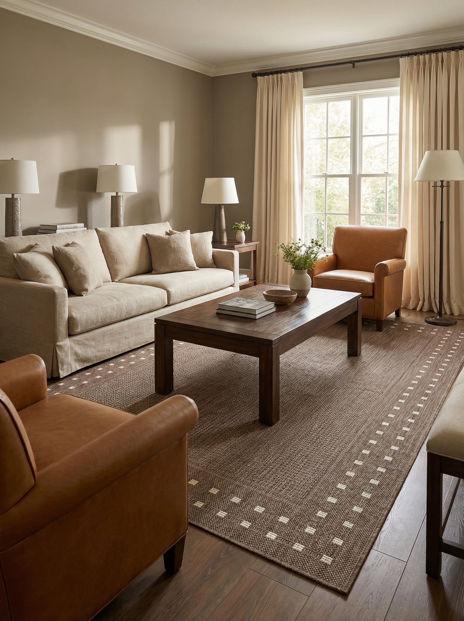 Tapis rectangulaire tissé marron foncé à texture visible, bordé d'un motif géométrique de petits carrés clairs, dans un salon
