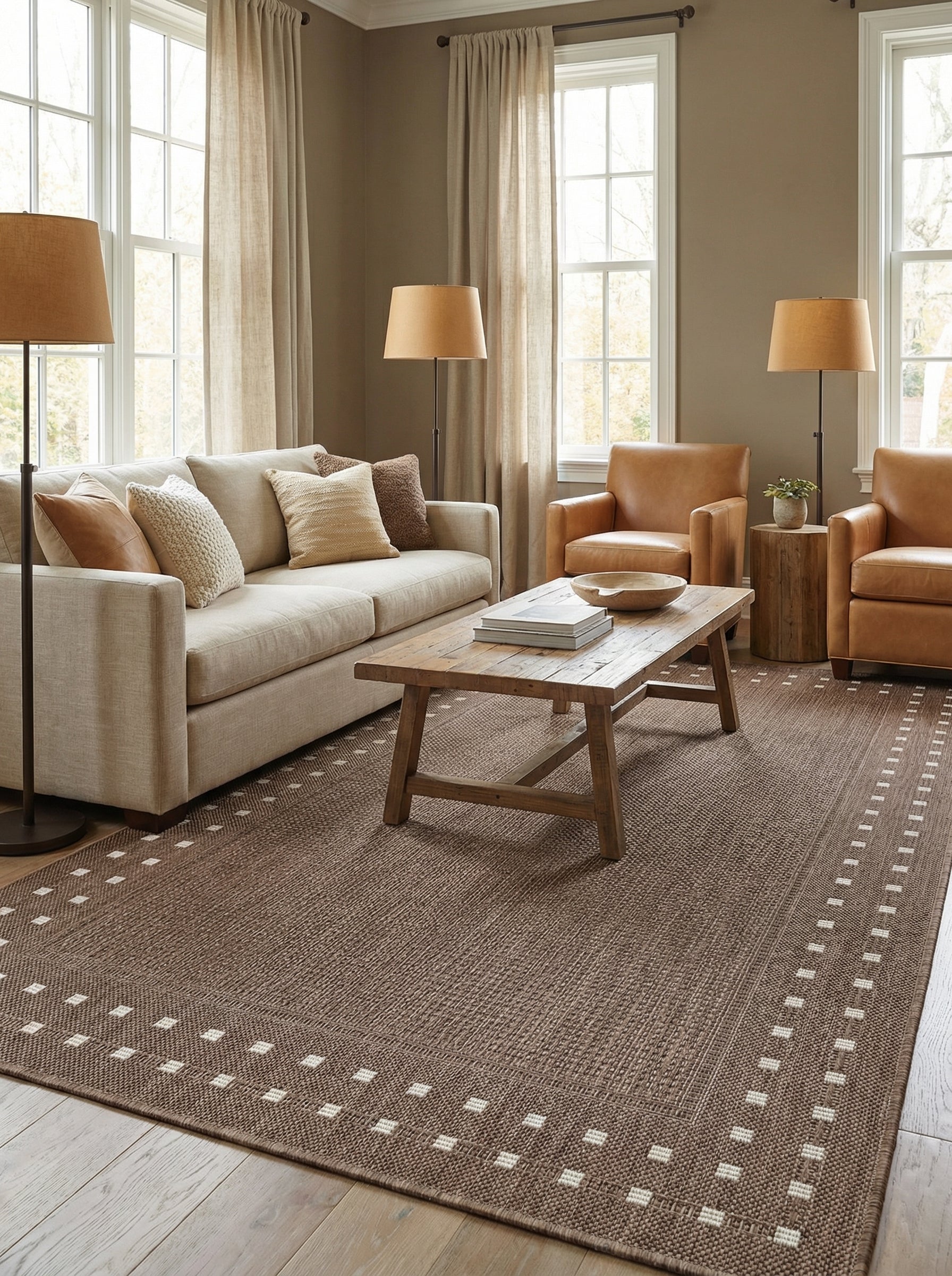 Grand tapis tissé marron à motifs de petits carrés crème en bordure, sur un sol en bois clair dans un salon