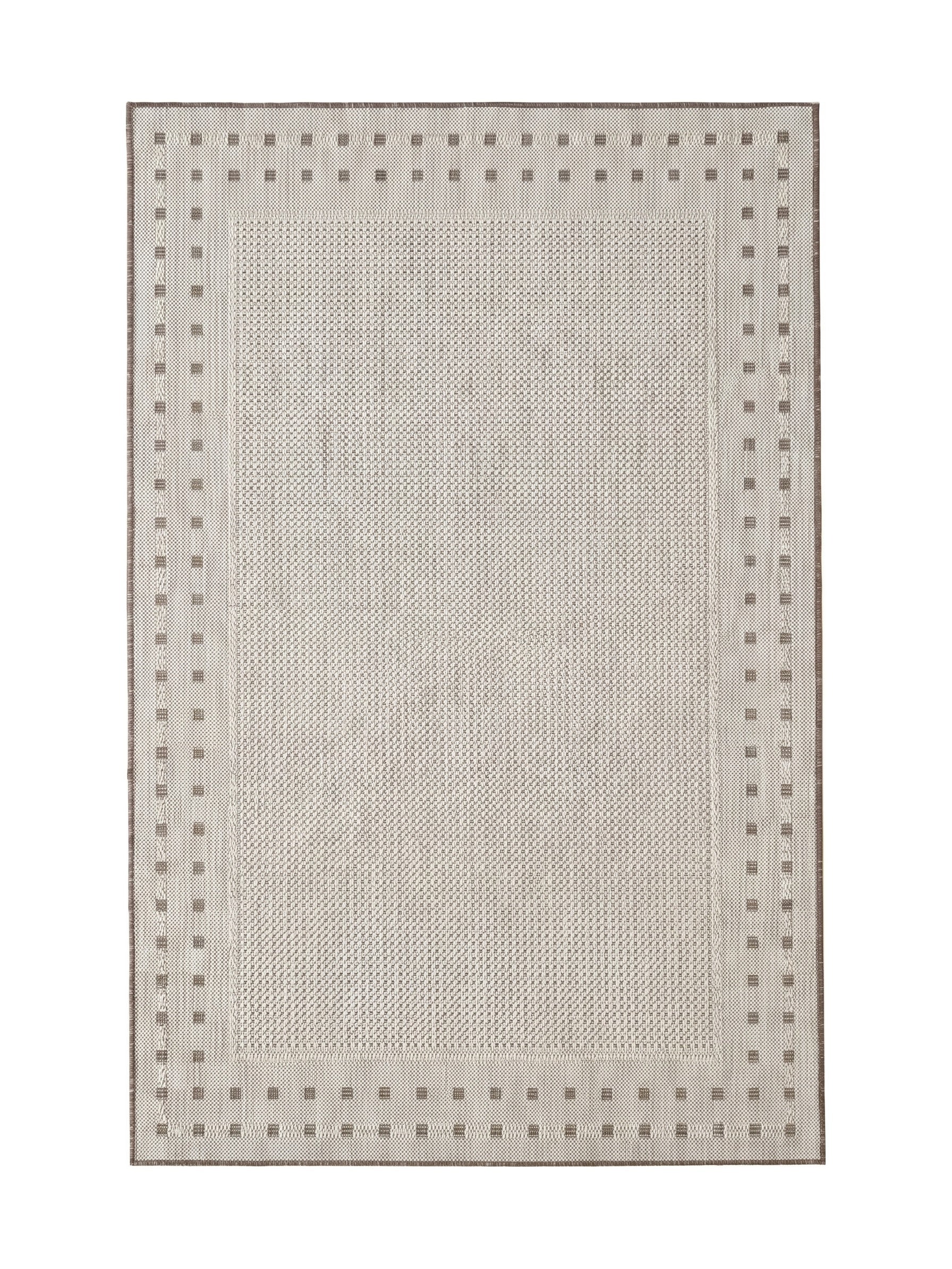 Tapis rectangulaire beige clair tissé, avec une large bordure ornée de petits carrés marron foncé et d'un liseré extérieur assorti