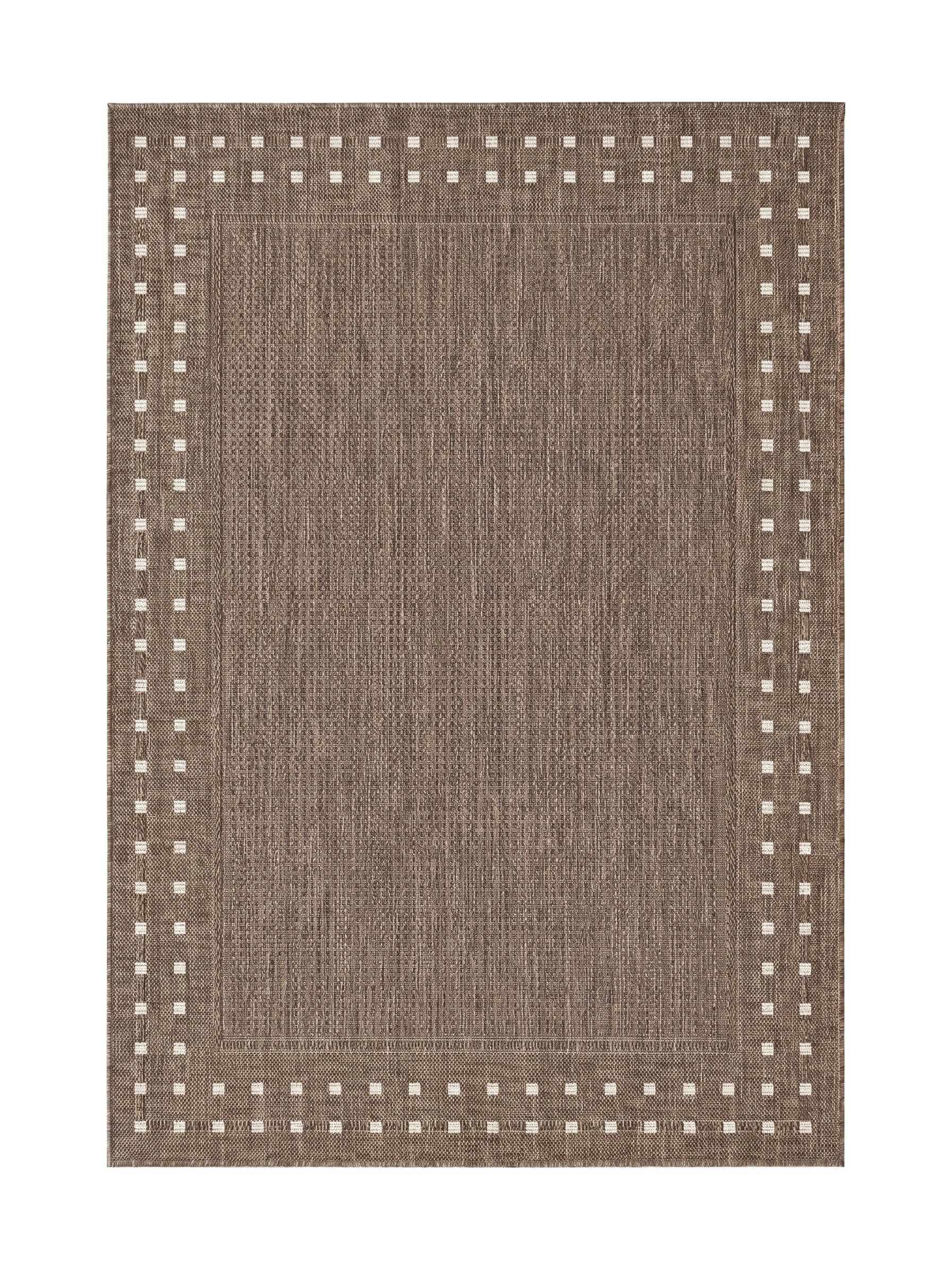 Tapis rectangulaire tissé marron et beige avec une bordure à motifs de petits carrés blancs