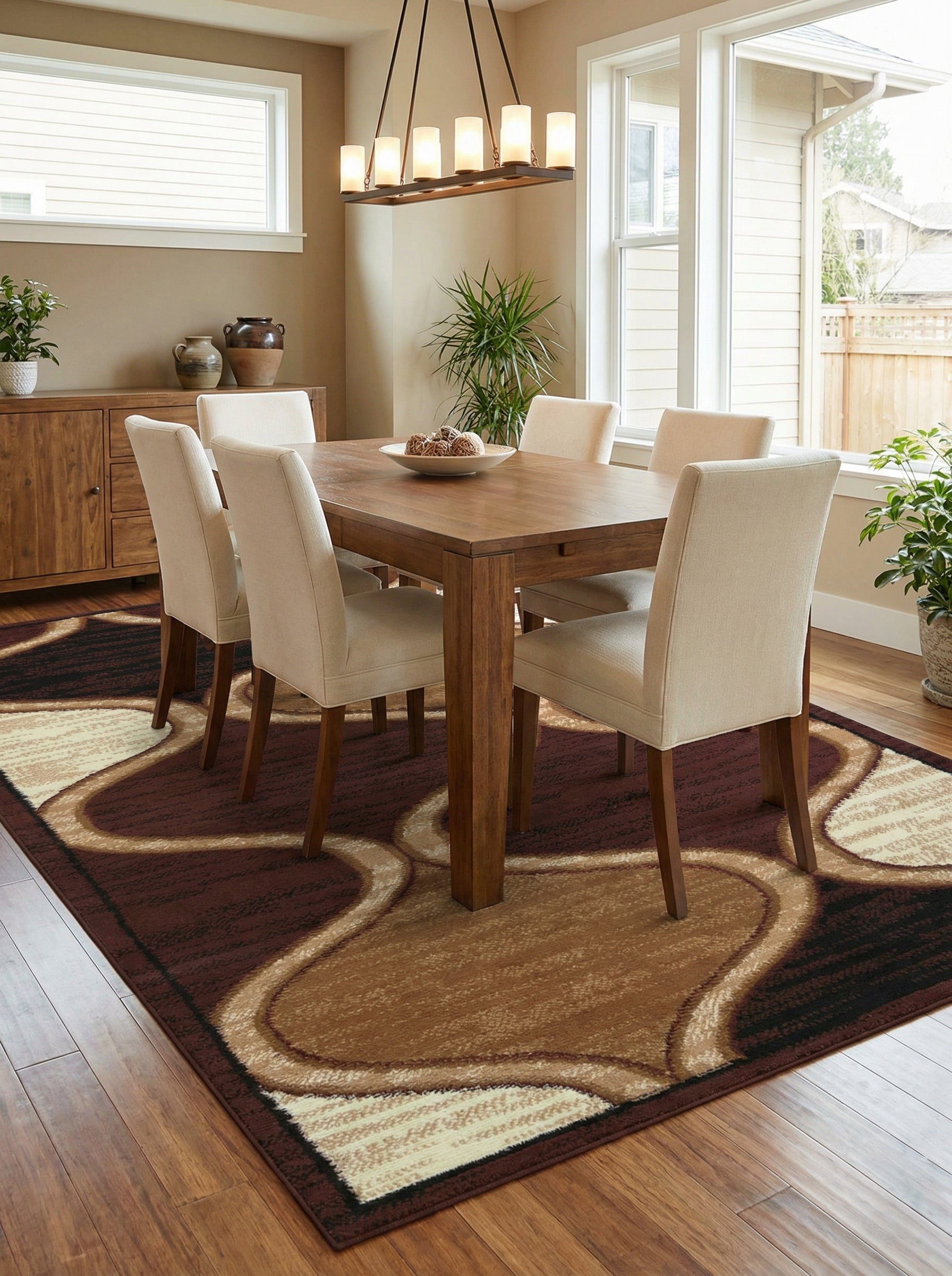 Tapis rectangulaire aux motifs abstraits ondulés marron foncé, beige et crème, posé dans une salle à manger