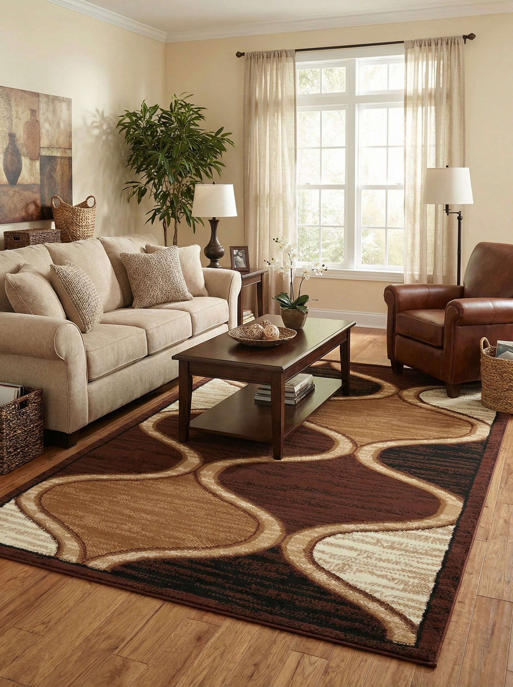 Tapis rectangulaire à motifs abstraits et ondulés, dans des nuances de marron, beige et crème, sur un parquet clair dans un salon