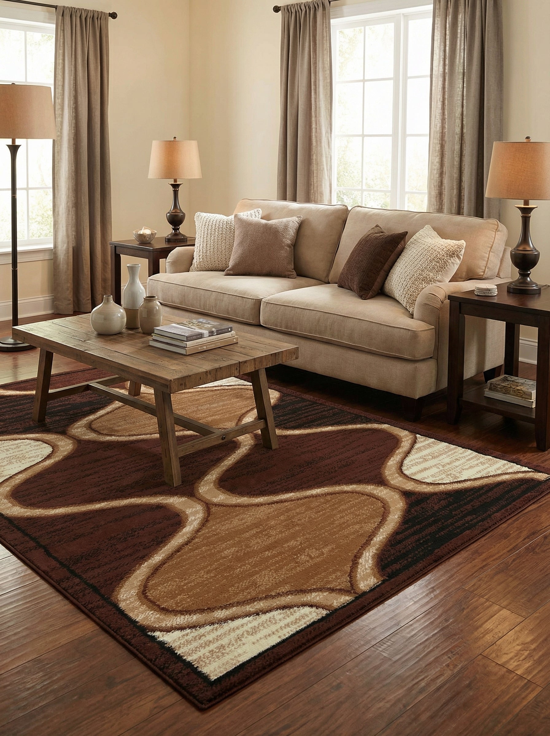 Tapis rectangulaire aux motifs abstraits ondulés marron foncé, beige, crème et noir, posé sur un parquet dans un salon chaleureux