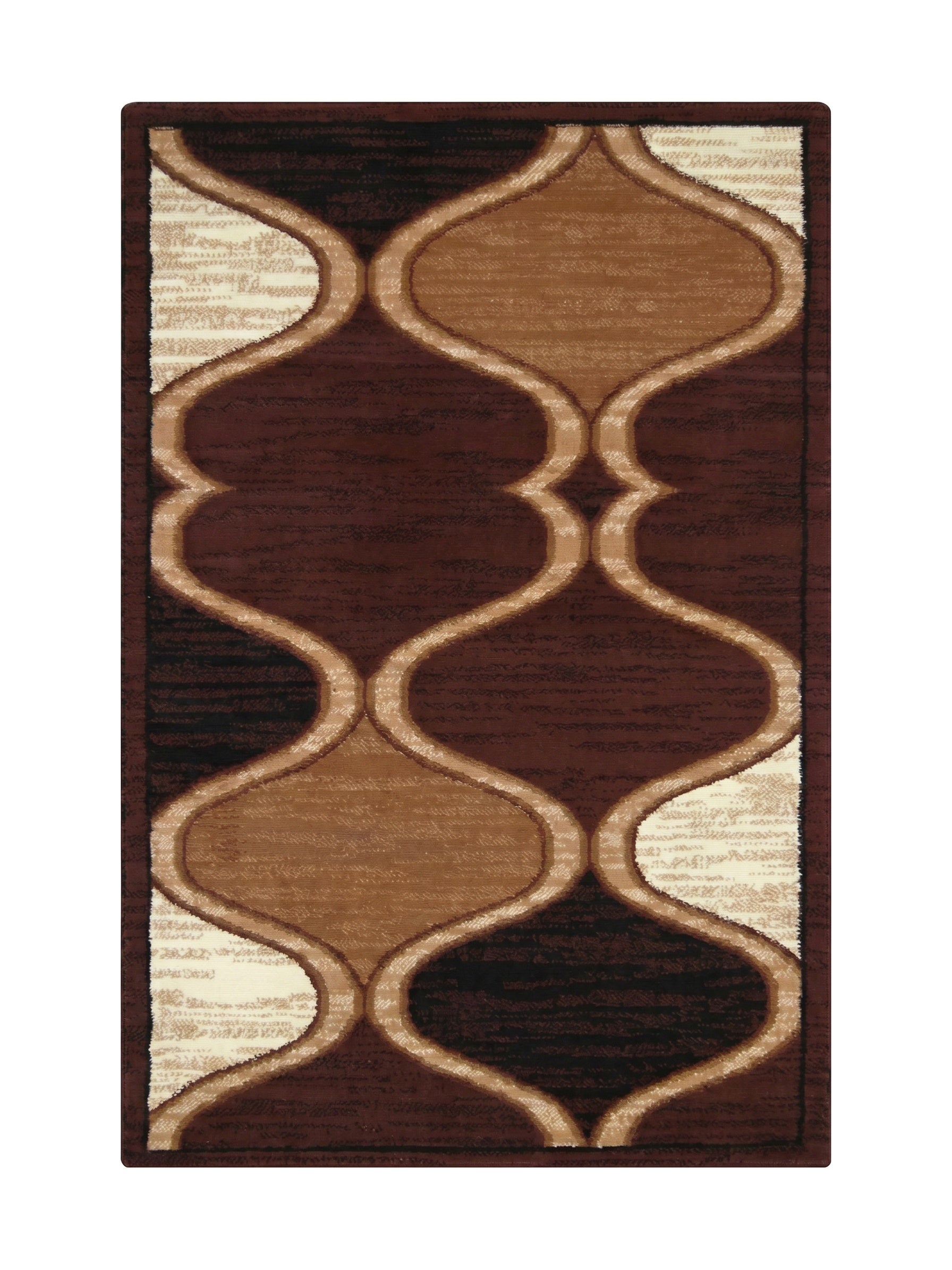Tapis rectangulaire aux motifs abstraits courbés entrelacés, dans les tons marron, beige et crème, avec une texture textile