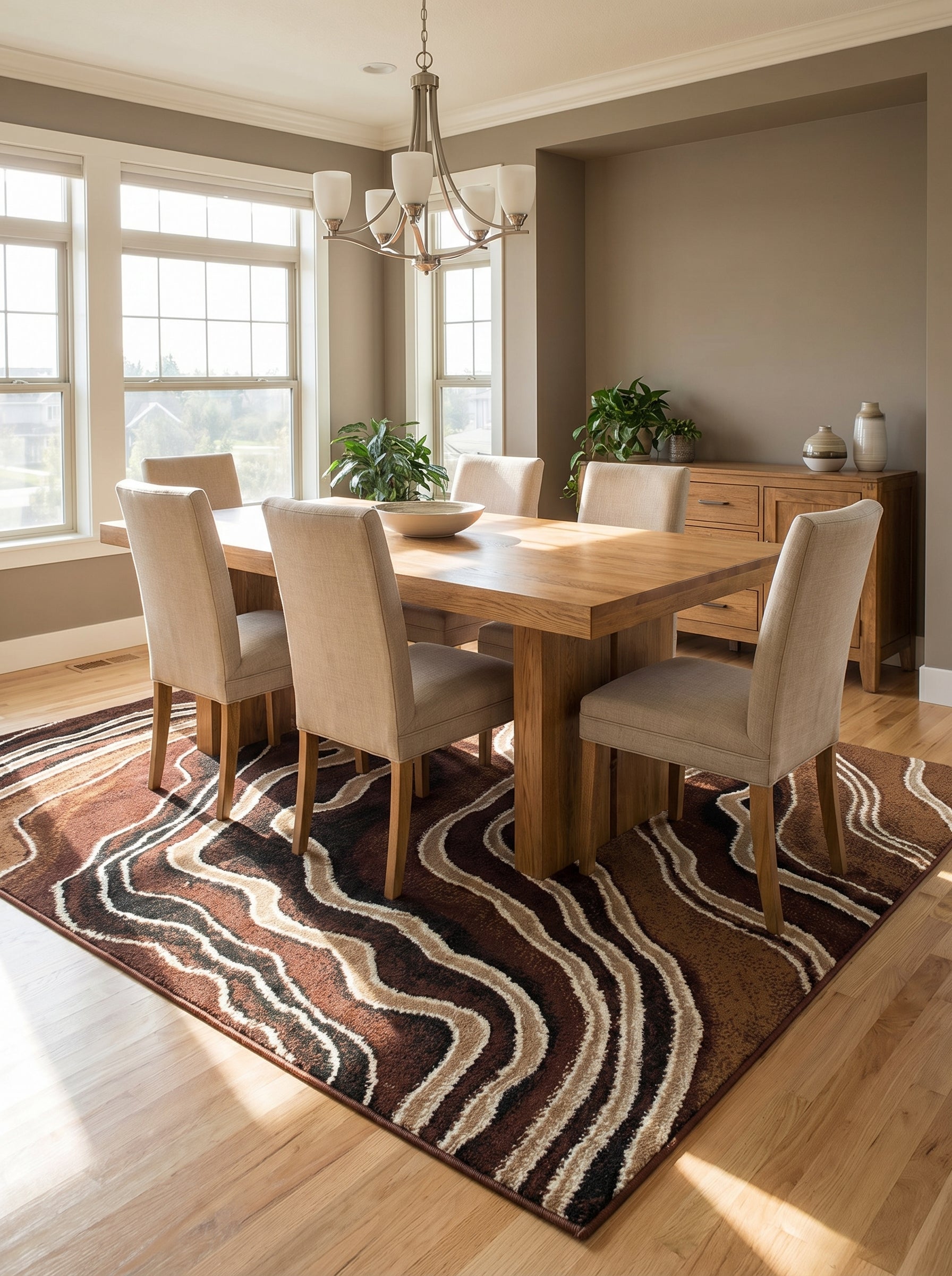 Tapis en tissu rectangulaire à motifs ondulés marron foncé, clair, beige et noir, sur parquet dans une salle à manger