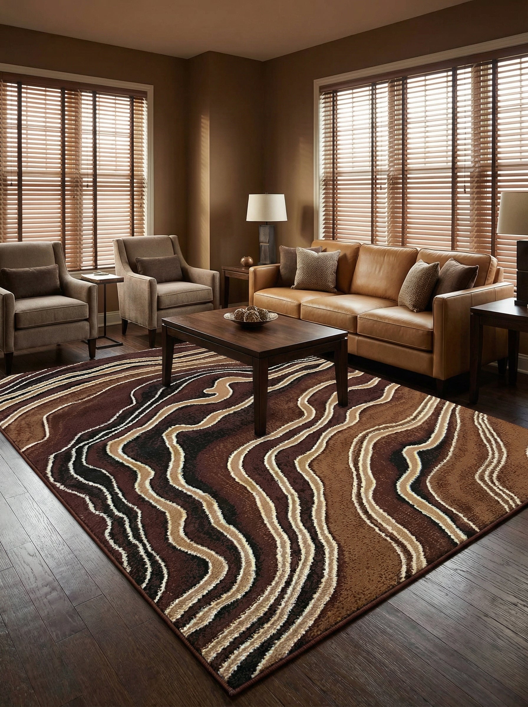 Tapis rectangulaire aux motifs abstraits et organiques de vagues marron foncé, clair, beige, noir et crème, posé sur le plancher d'un salon