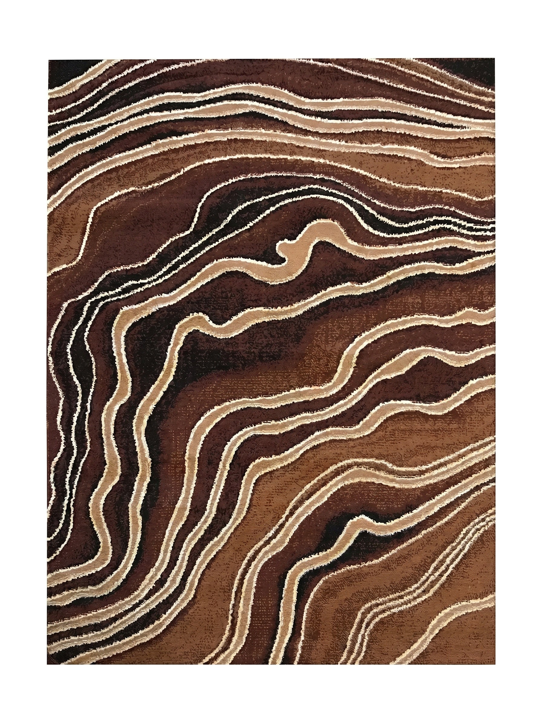 Tapis rectangulaire à motifs de bandes ondulées en dégradé de marron, beige et blanc, avec une surface texturée