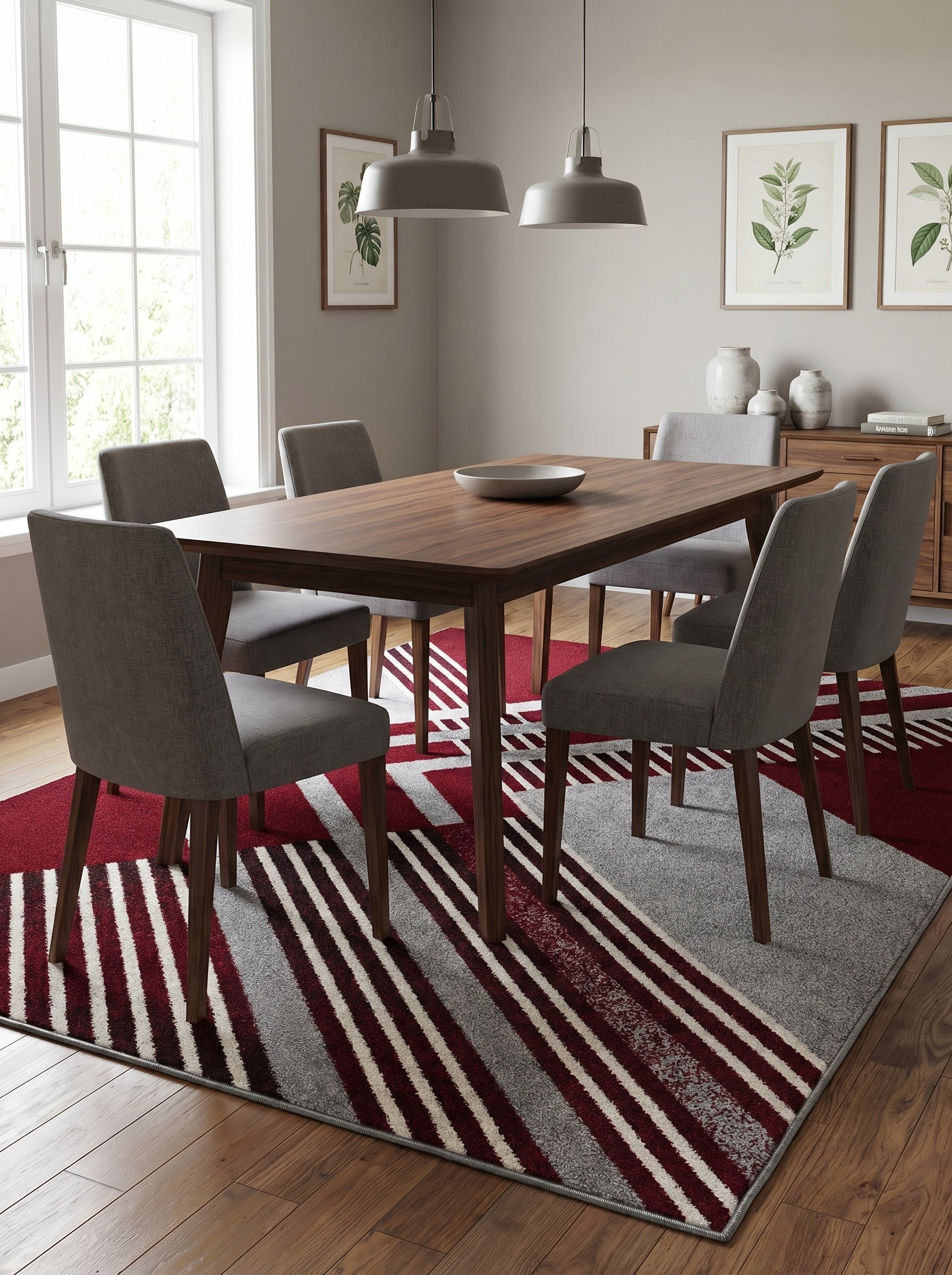 Tapis rectangulaire aux motifs géométriques de larges rayures bordeaux, grises et crème alternées dans une salle à manger