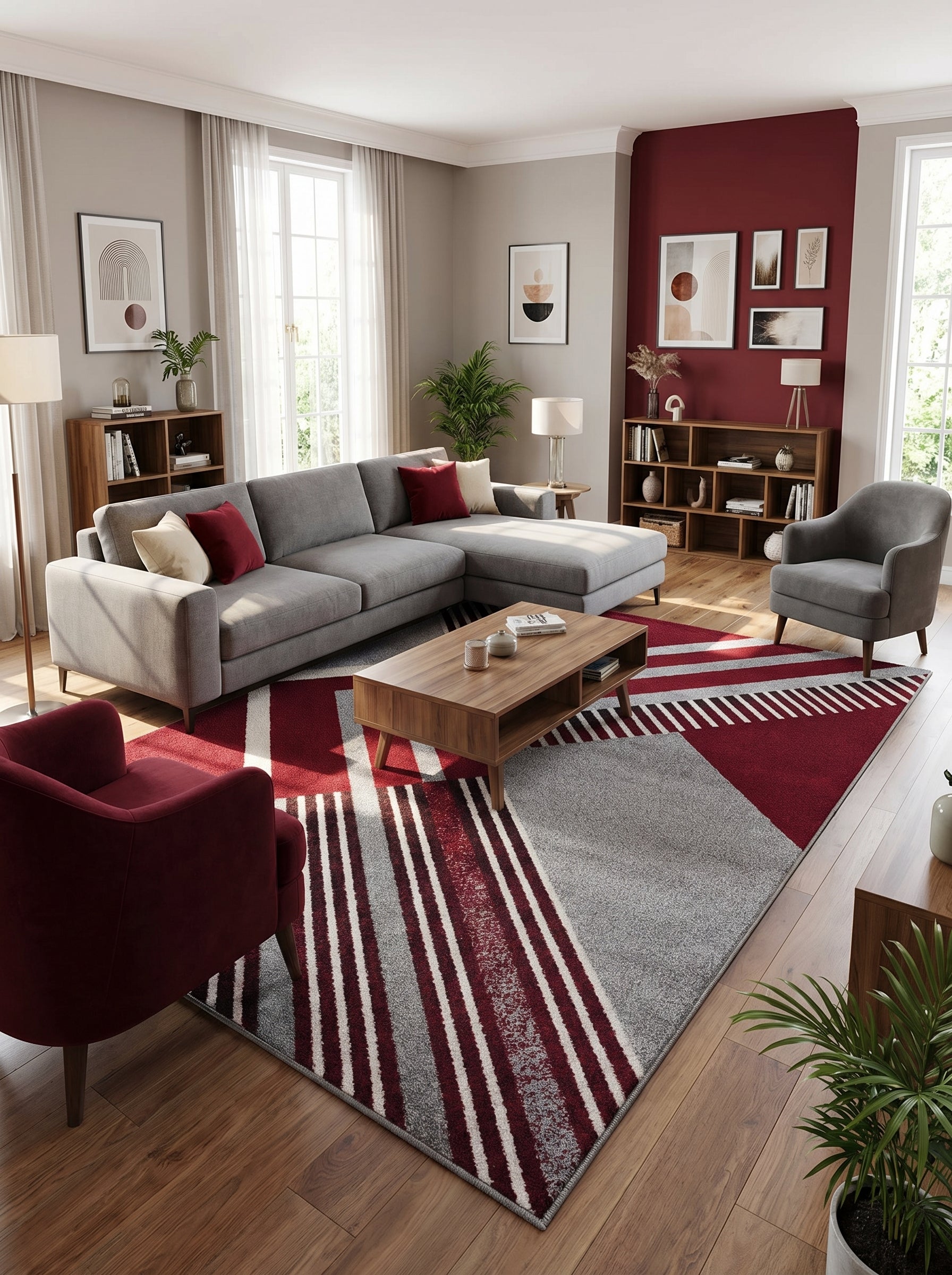Tapis rectangulaire gris, bordeaux et blanc aux motifs géométriques avec des blocs de couleur et des rayures diagonales, dans un salon moderne