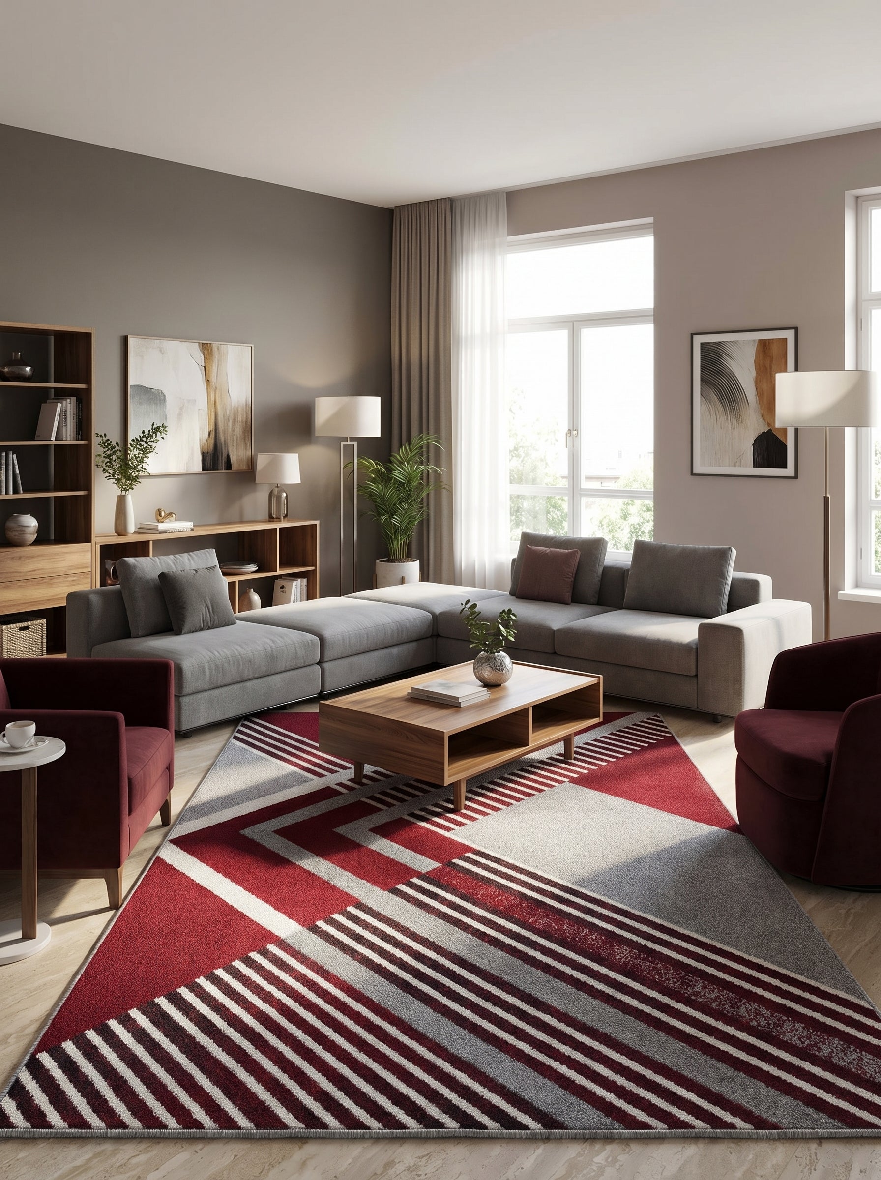 Tapis rectangulaire à motifs géométriques rouge, gris et blanc avec des blocs de couleur et des rayures diagonales, dans un salon