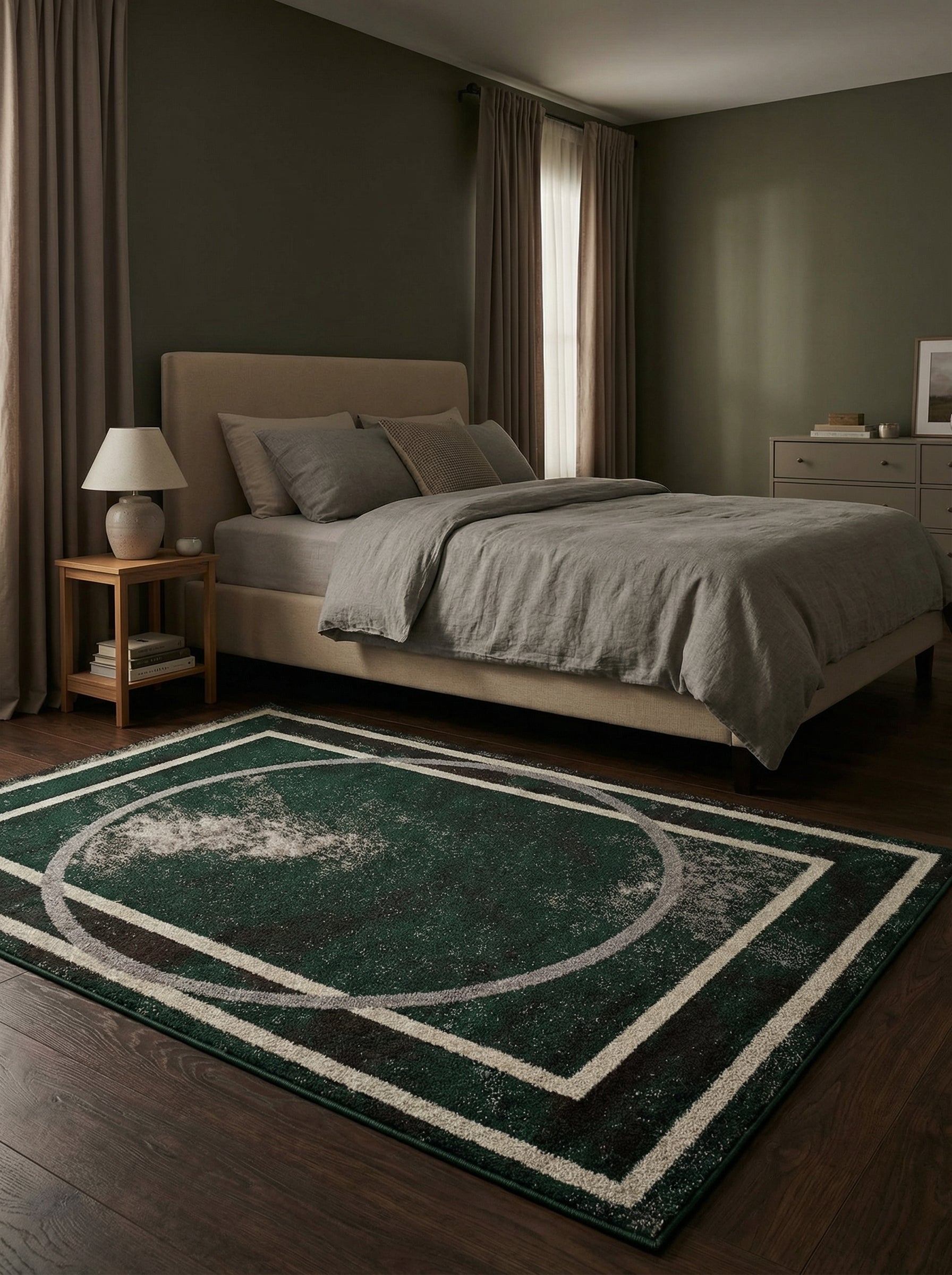 Tapis rectangulaire vert foncé à motifs géométriques de lignes et cercle gris clair et crème, avec un effet usé au centre, dans une chambre