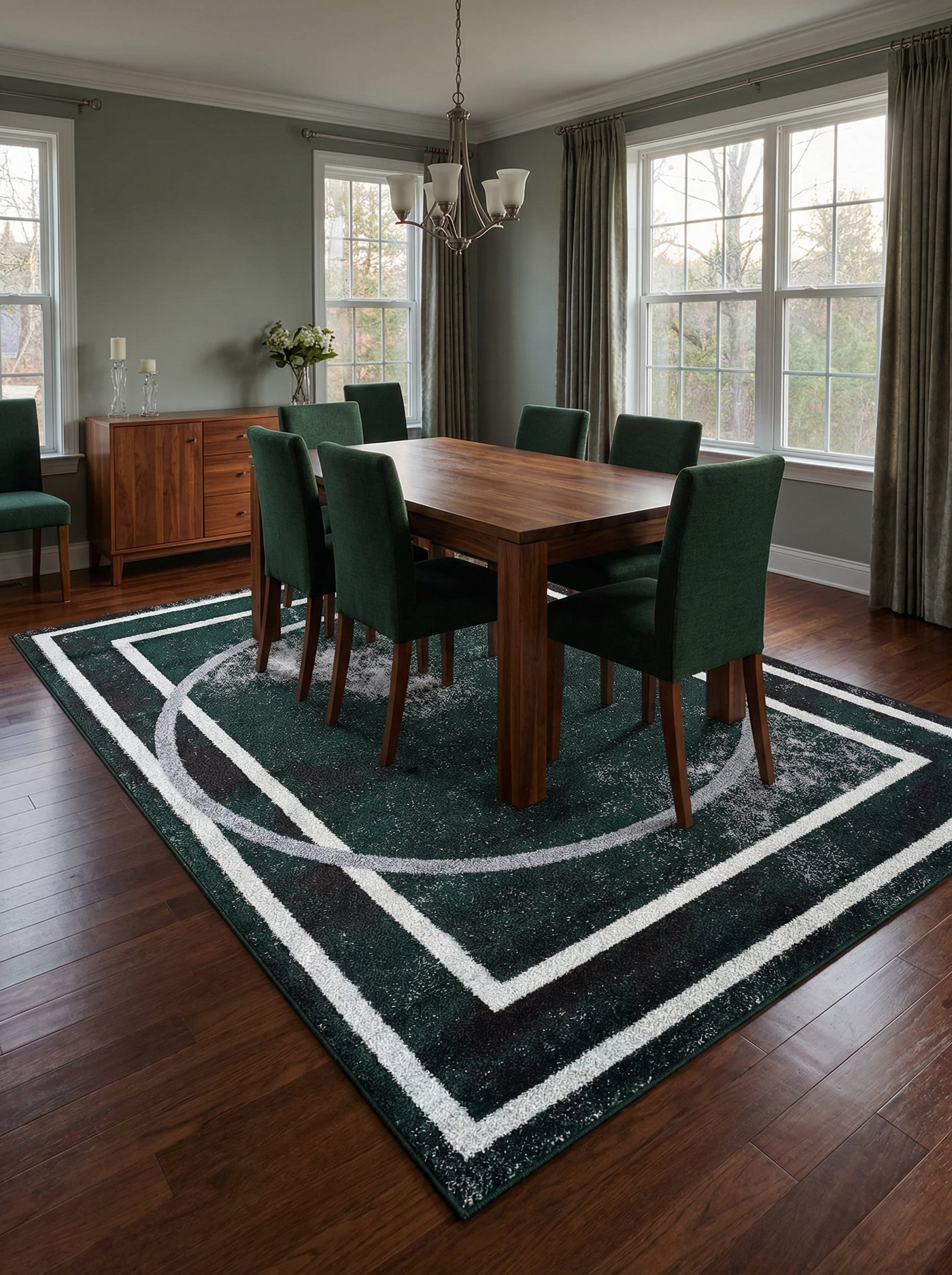 Tapis rectangulaire vert foncé orné de motifs géométriques blancs et de lignes courbes grises, posé dans une salle à manger
