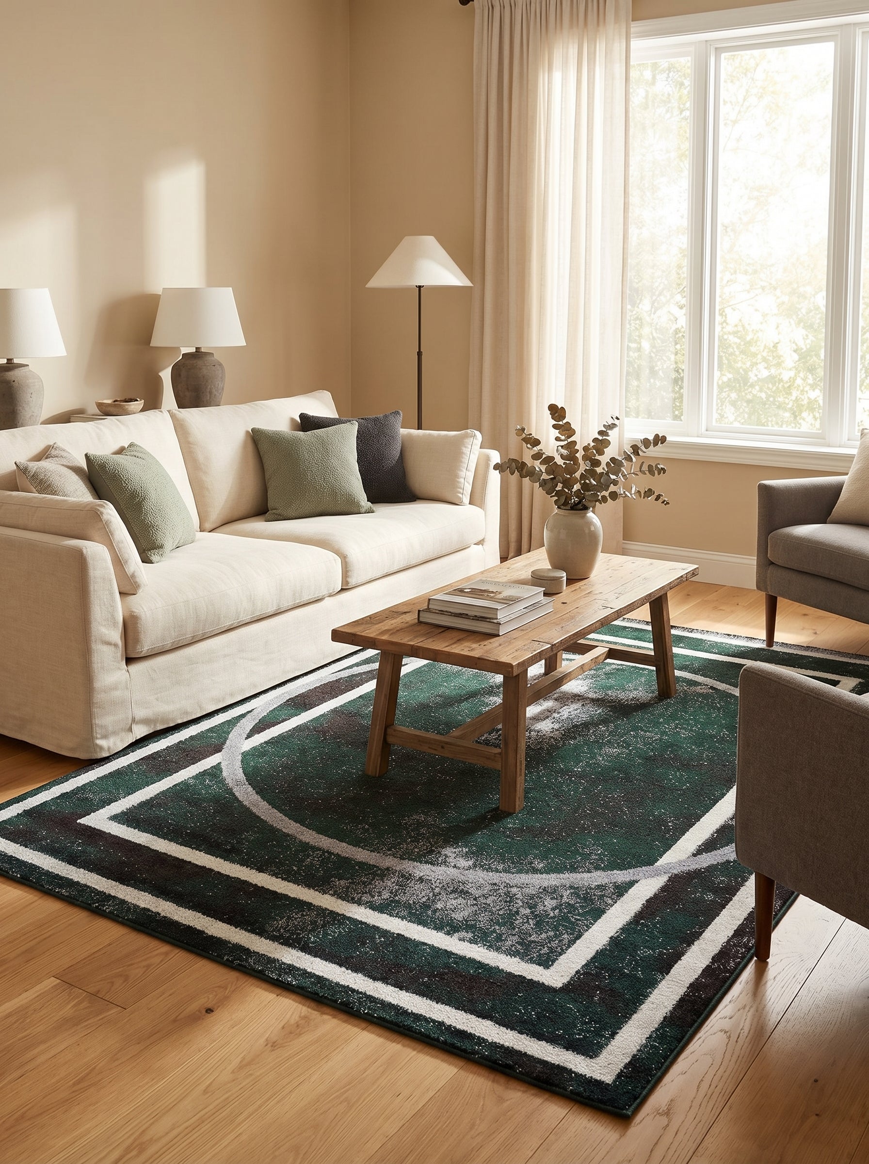 Tapis rectangulaire vert foncé avec des motifs géométriques de lignes et arcs blancs et gris sur un fond moucheté, dans un salon