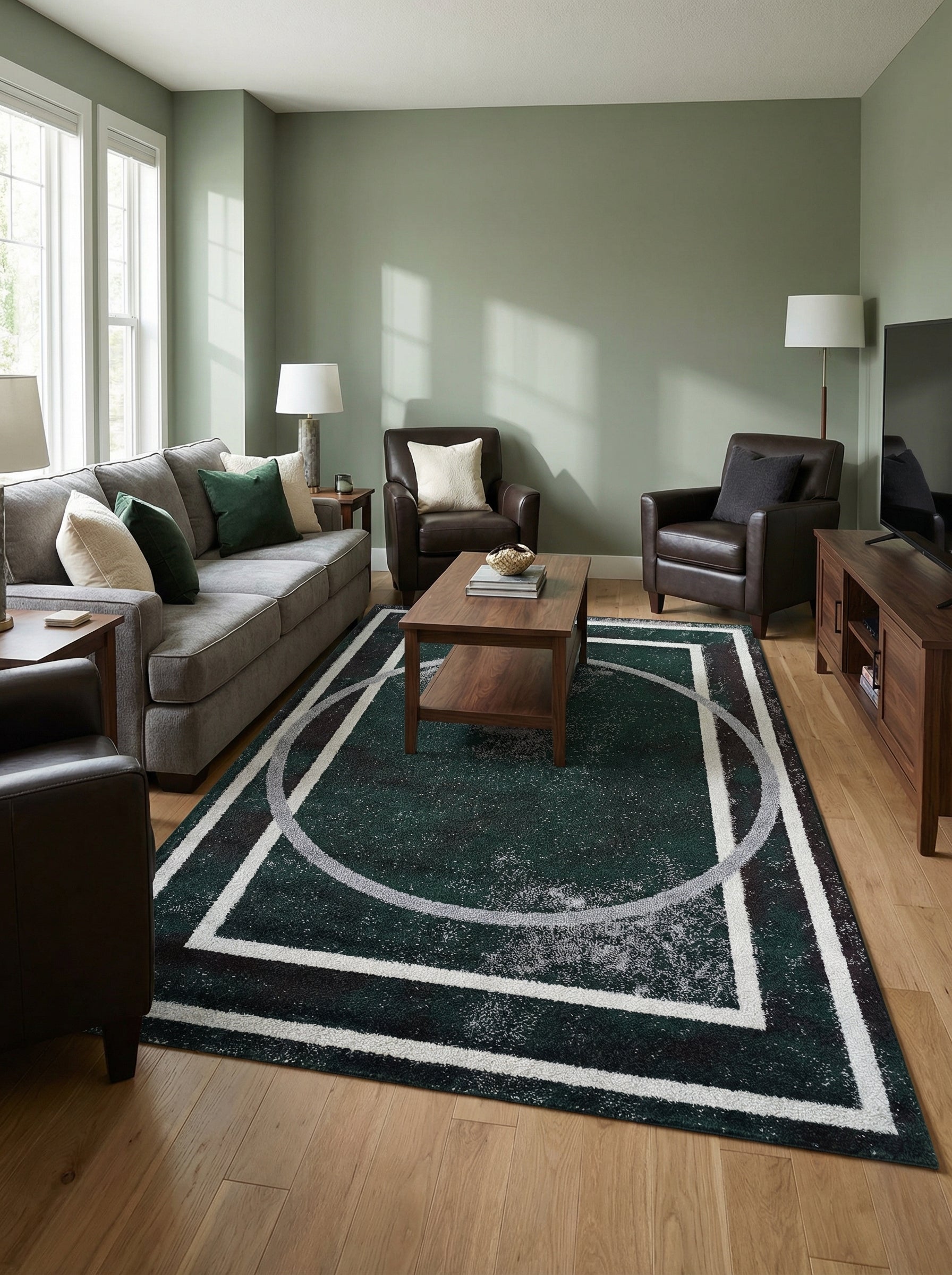 Tapis rectangulaire vert foncé texturé avec des motifs géométriques de lignes blanches, grises et noires, posé dans un salon