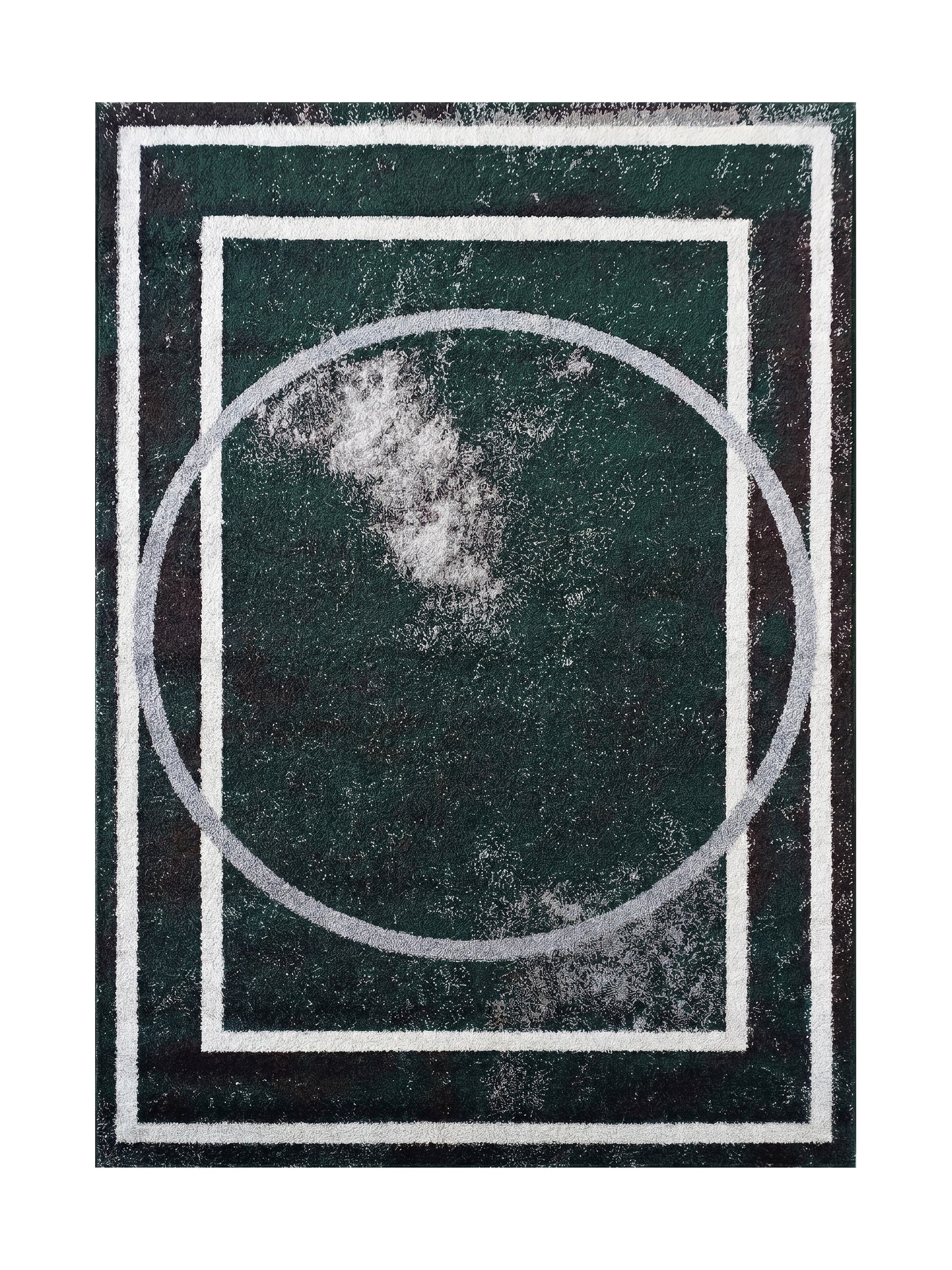 Tapis vert foncé avec une double bordure rectangulaire blanche et noire, et un grand ovale central blanc texturé