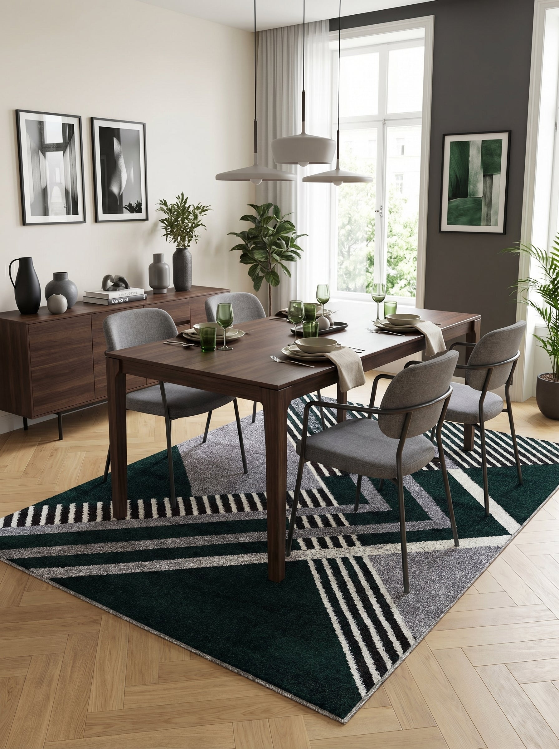 Tapis rectangulaire aux motifs géométriques mélangeant des bandes vert foncé, gris, blanc et noir, dans une salle à manger