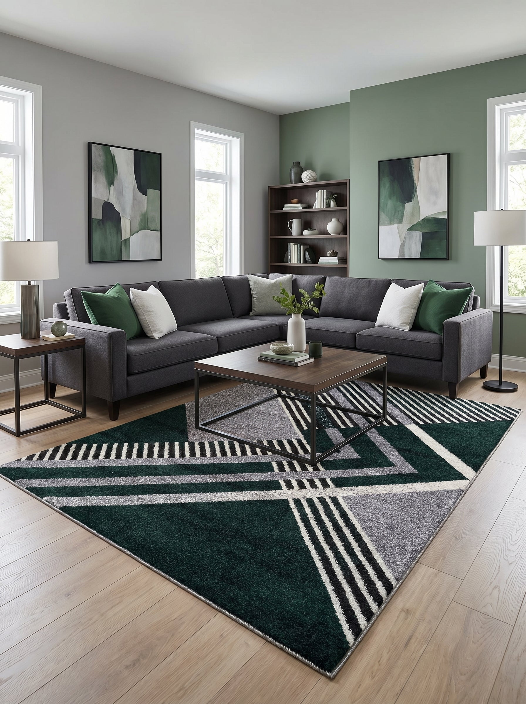 Tapis rectangulaire vert foncé, gris, blanc et noir, avec des motifs géométriques de rayures et triangles, dans un salon