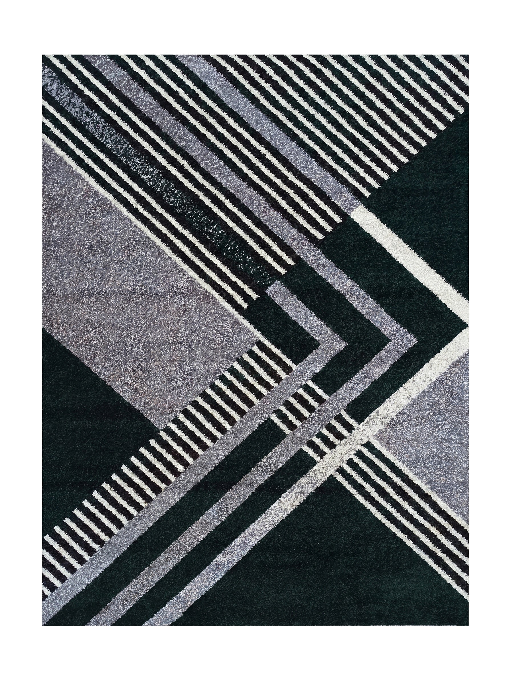 Tapis rectangulaire à poils longs avec un motif géométrique abstrait vert foncé, gris clair, noir et blanc
