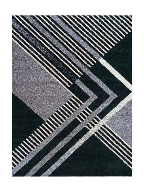 Tapis rectangulaire à poils longs avec un motif géométrique abstrait vert foncé, gris clair, noir et blanc