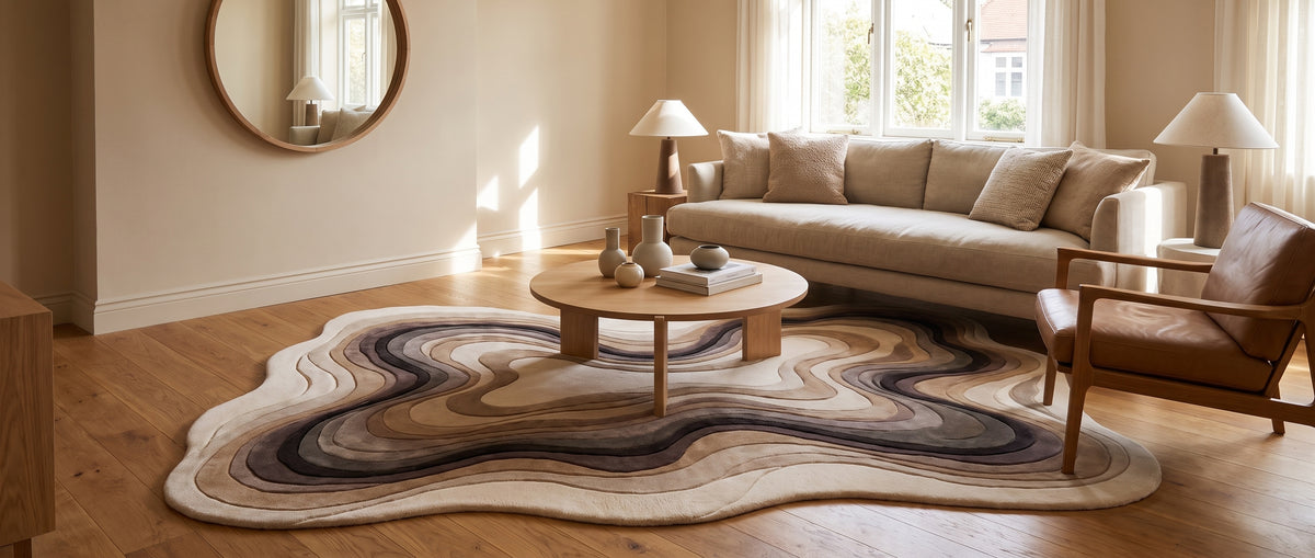 Reliefs ondulants de laine beige et brune pour ce tapis organique posé dans un salon contemporain