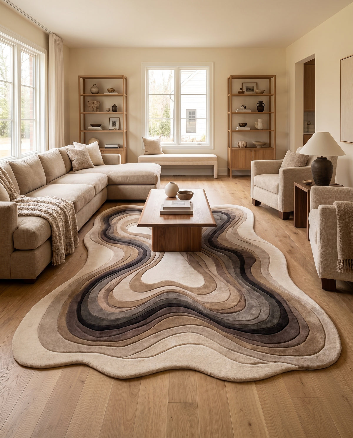 Un tapis de laine organique, sculpté de bandes ondulantes beiges et brunes, embellit un salon lumineux