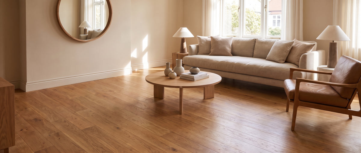 Un salon lumineux aux murs beiges et parquet bois nu, meublé d'un canapé, d'une table basse et d'un fauteuil, sans tapis