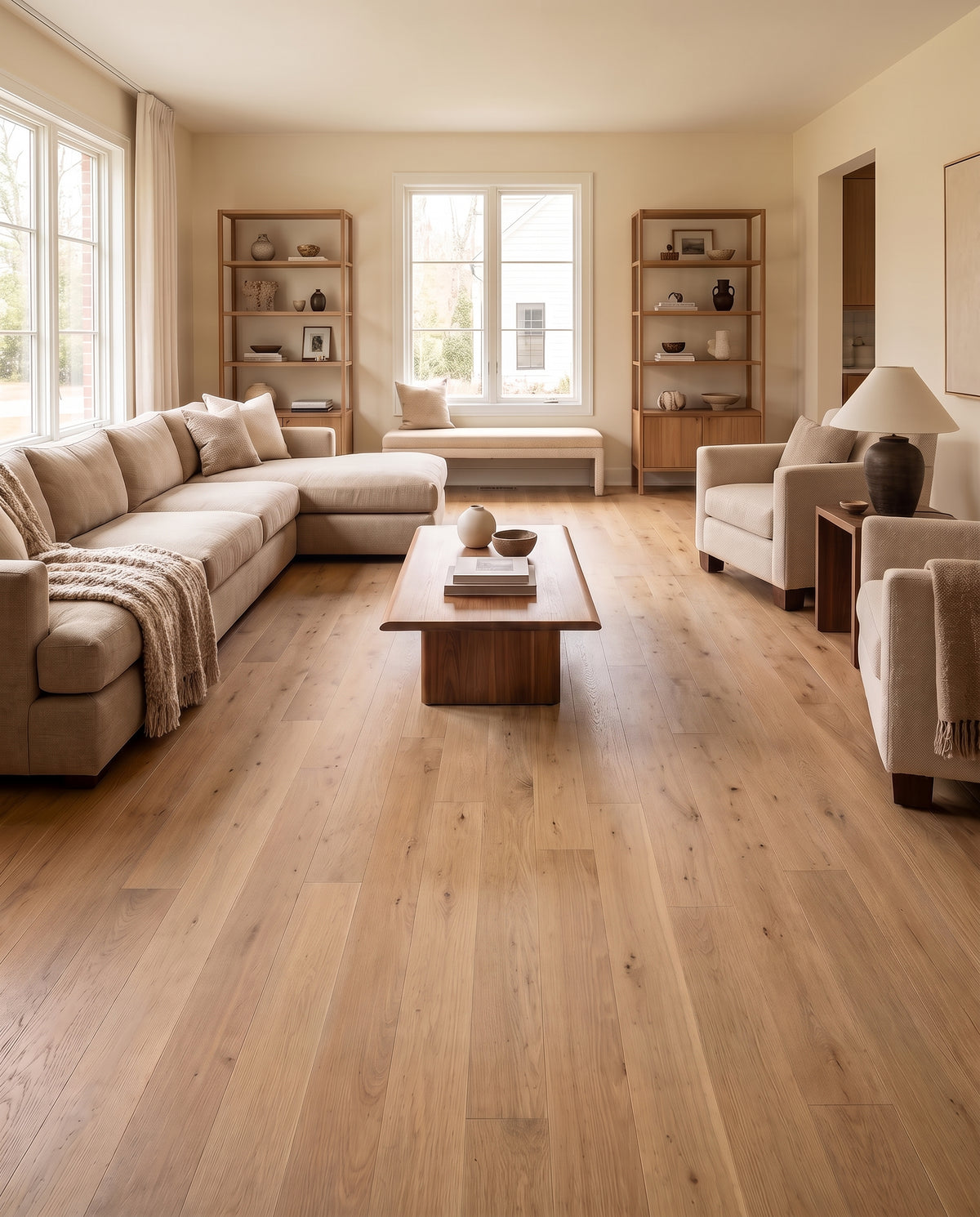 Salon clair aux murs beiges et parquet bois, meublé d'un grand canapé d'angle sans tapis au sol nu