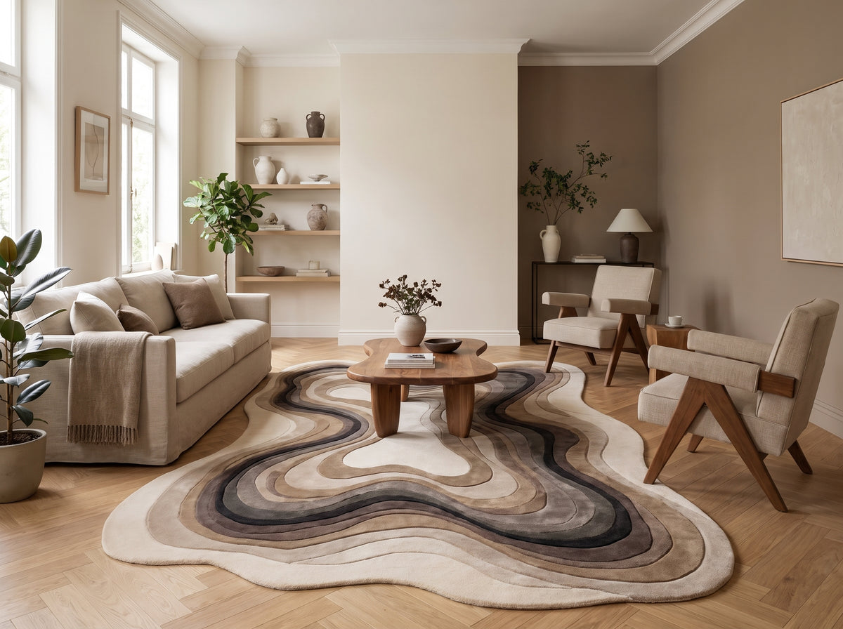 Laine organique pour ce tapis irrégulier aux motifs sculptés de bandes ondulantes beiges et brunes, dans un salon